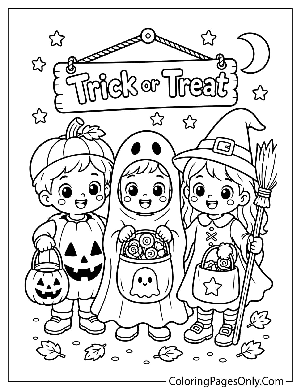 Trick-or-treat kids in cute Halloween costumes coloring page from Cute Halloween