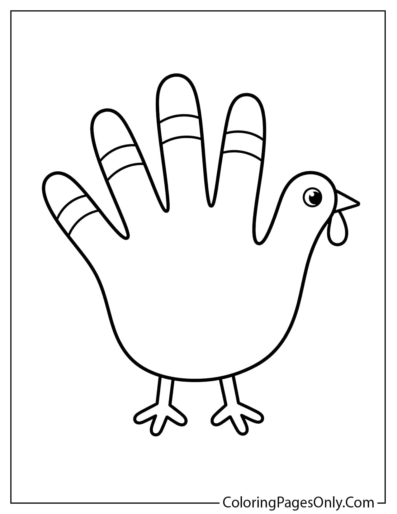 Thanksgiving turkey handprint design with fingers as feathers and thumb as head coloring page for kids from Thanksgiving