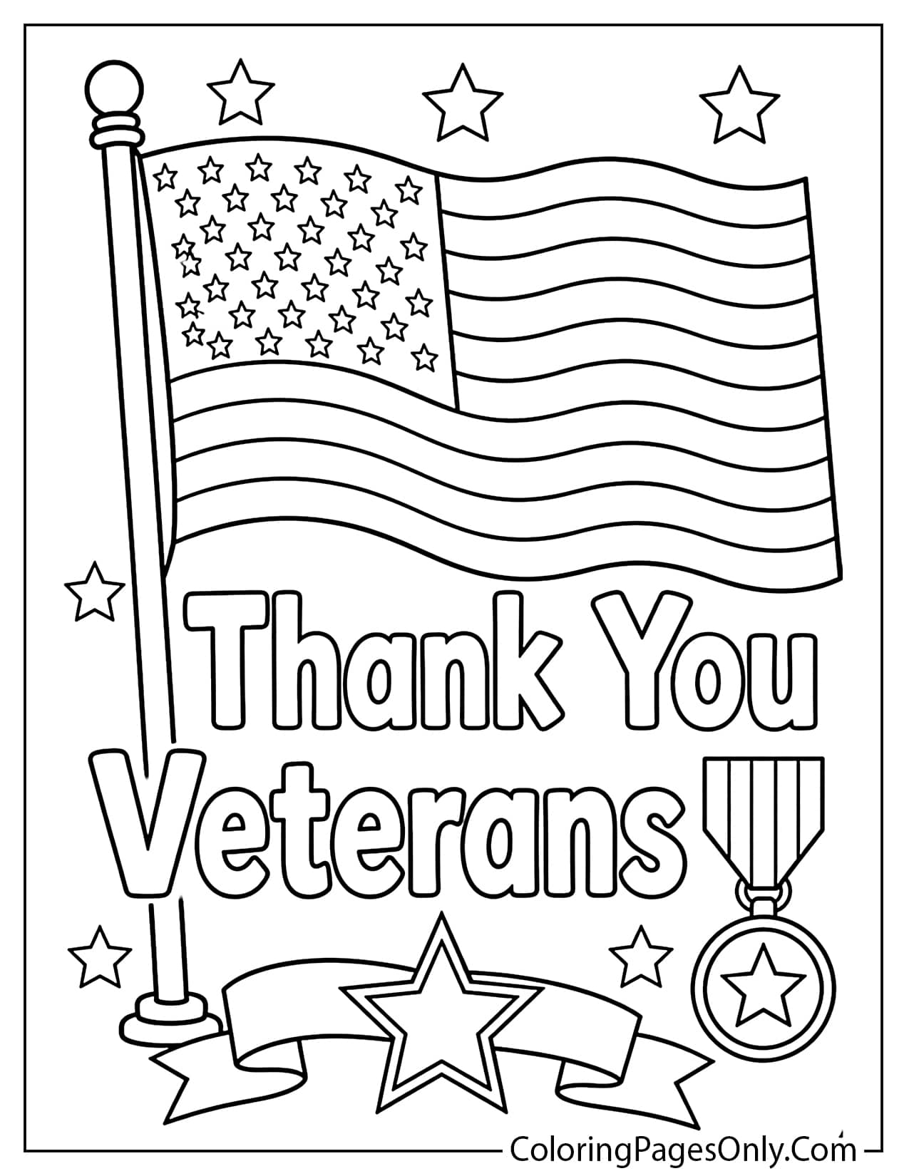 Veterans Day American flag coloring page with thank you veterans text from American Flag