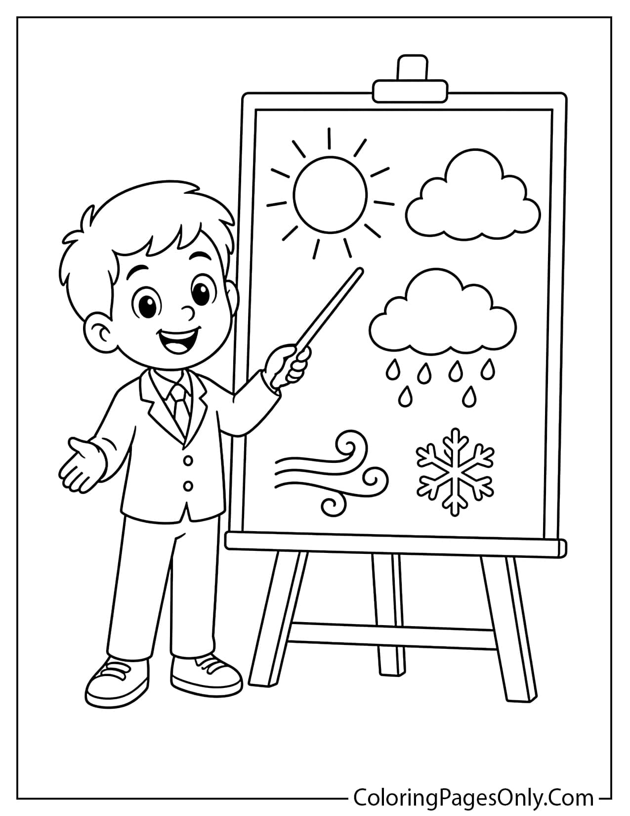 Weather Forecast Coloring Page With Child Presenting The Weather from Weather