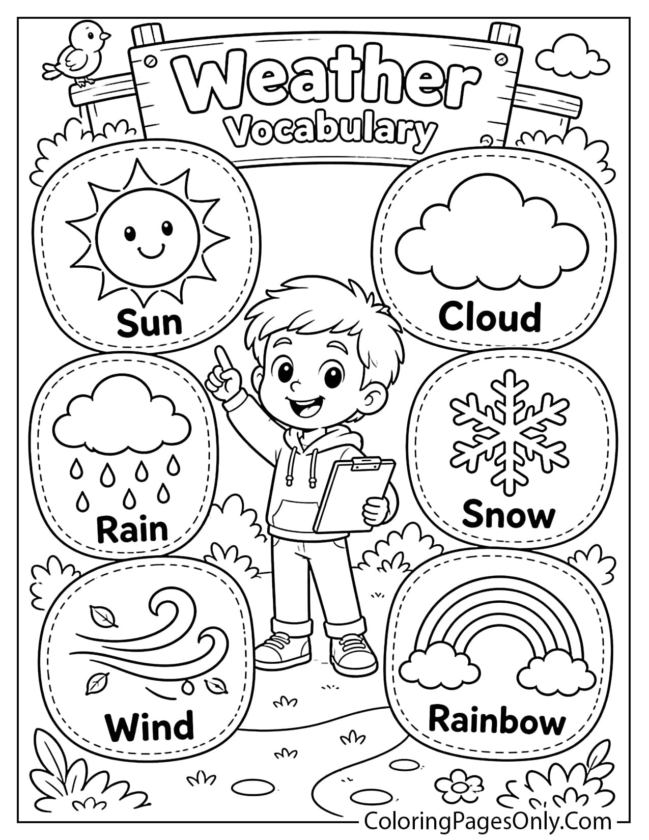 Weather Vocabulary Coloring Page With Picture And Word Labels from Weather