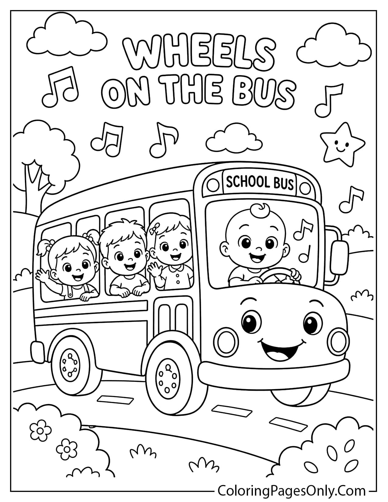 Wheels on the Bus Cocomelon coloring page with JJ and friends on the bus from Cocomelon