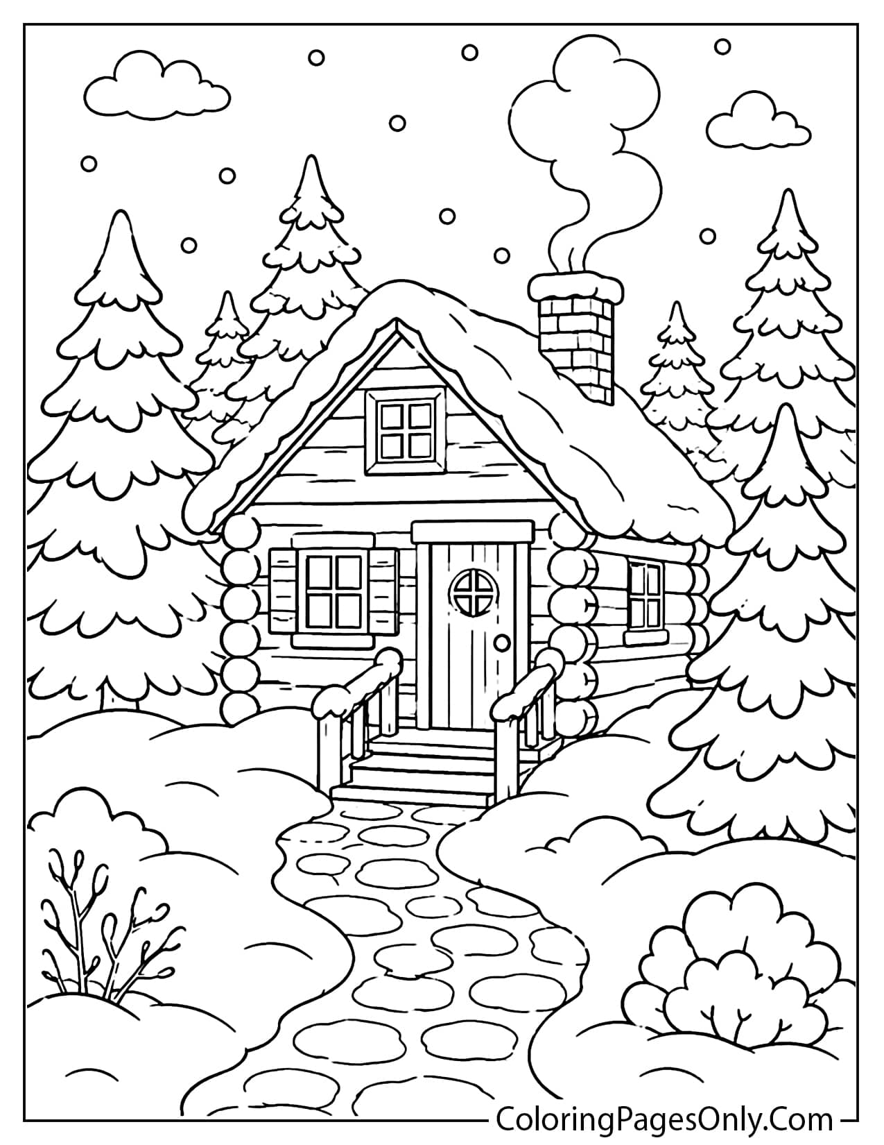 Cozy Log Cabin In A Snowy Forest With Pine Trees, Smoke, And Falling Snow Coloring Page For Kids from Winter