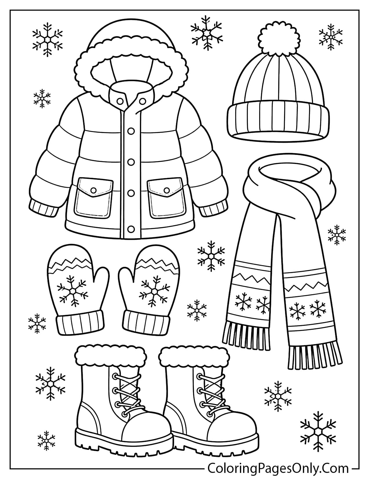 Winter Clothes Including A Coat, Hat, Scarf, Gloves, And Boots Coloring Page For Kids from Winter