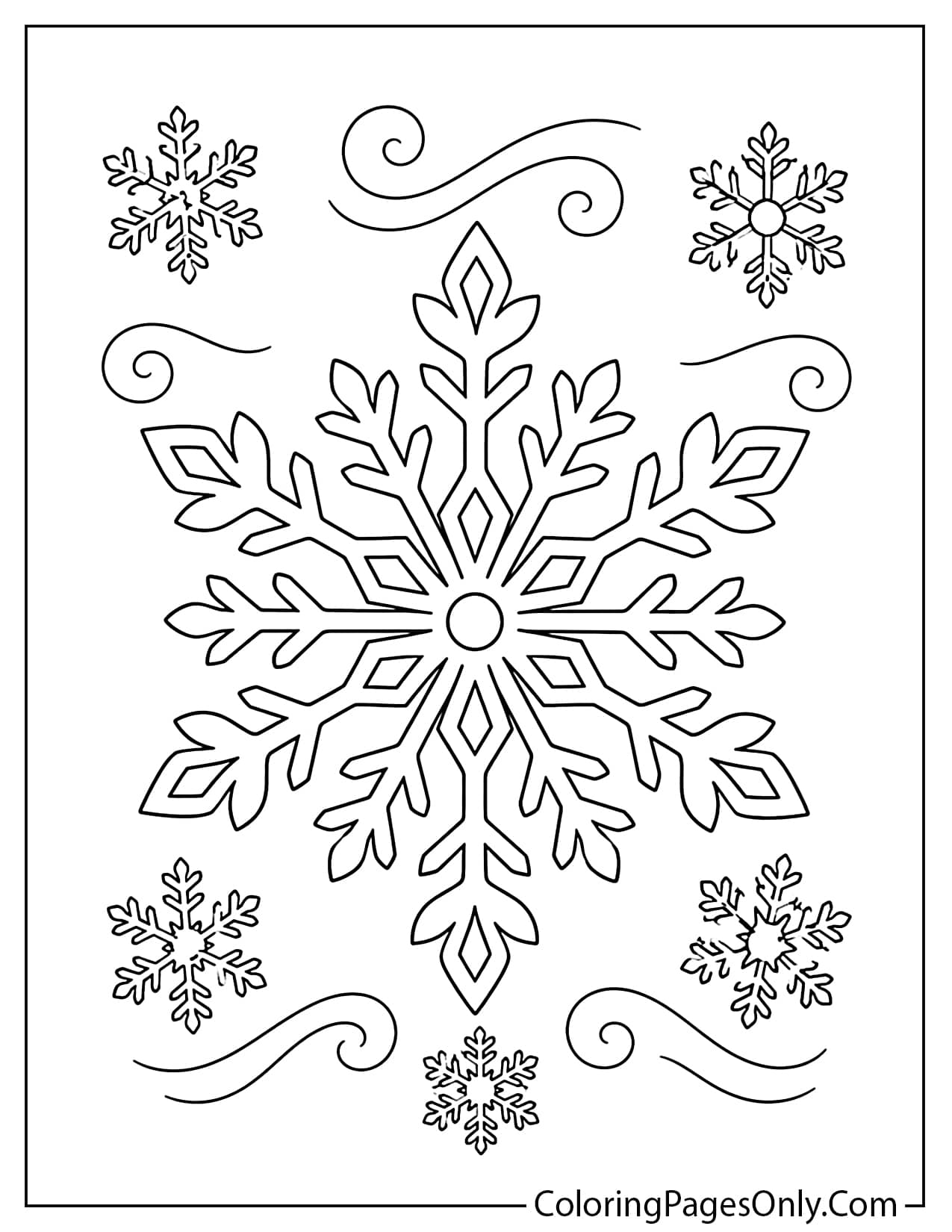 Large Winter Snowflake With Smaller Snowflakes Around It Coloring Page For Kids from Winter
