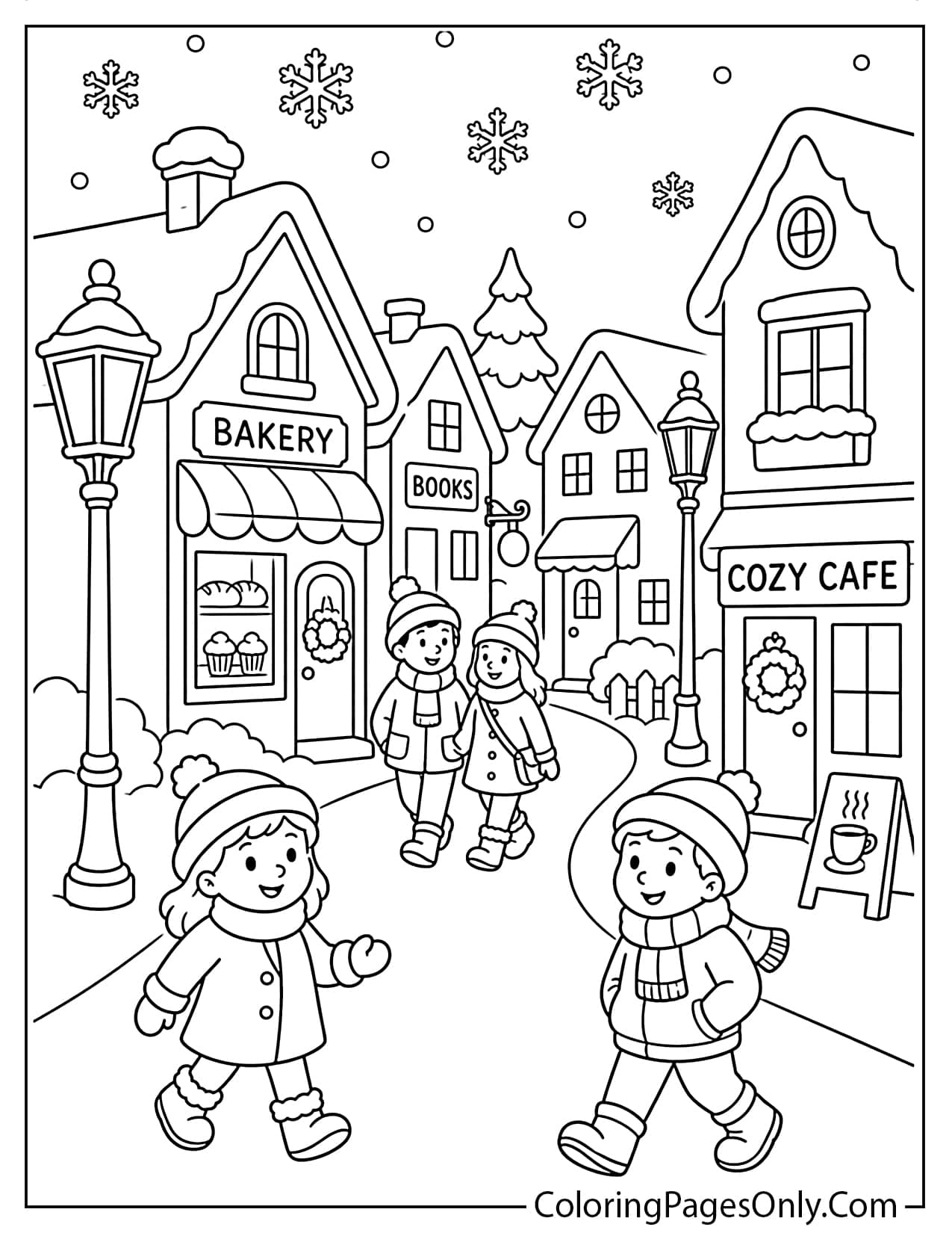 Snowy Winter Village Street With Houses, Streetlights, Pine Trees, And People In Warm Clothes Coloring Page For Kids from Winter