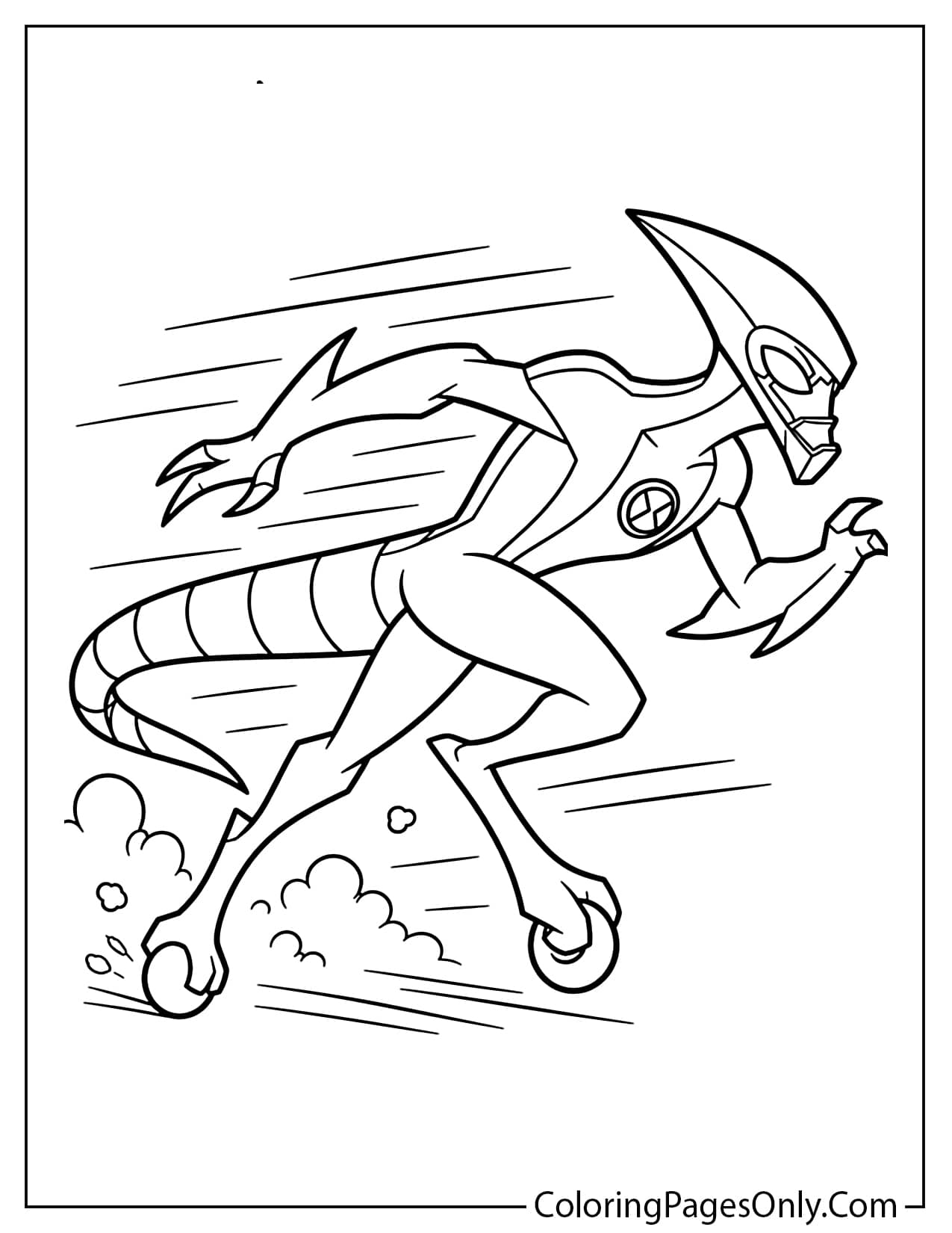 XLR8 Ben 10 coloring page with speed lines and a fast running alien pose from Ben 10
