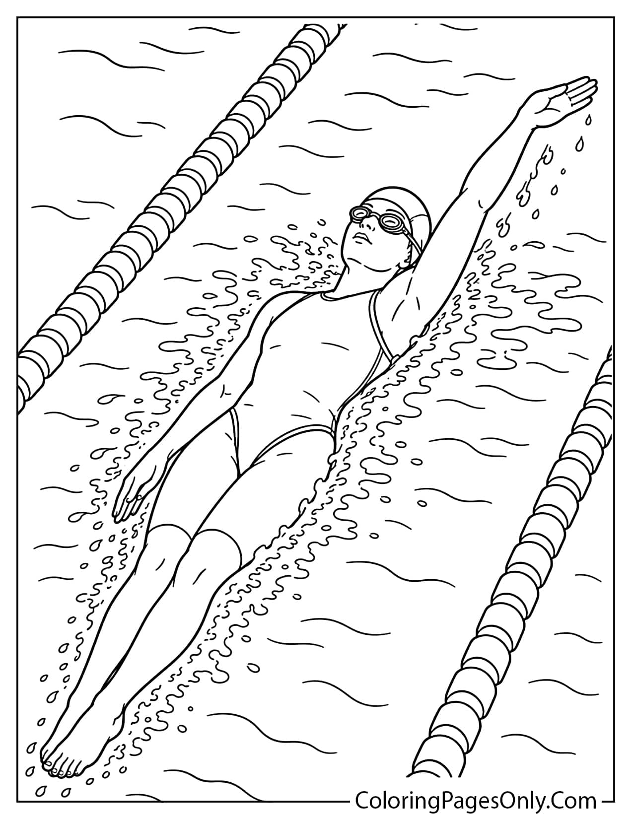 Backstroke swimming coloring page showing a swimmer floating face up in a pool from Swimming