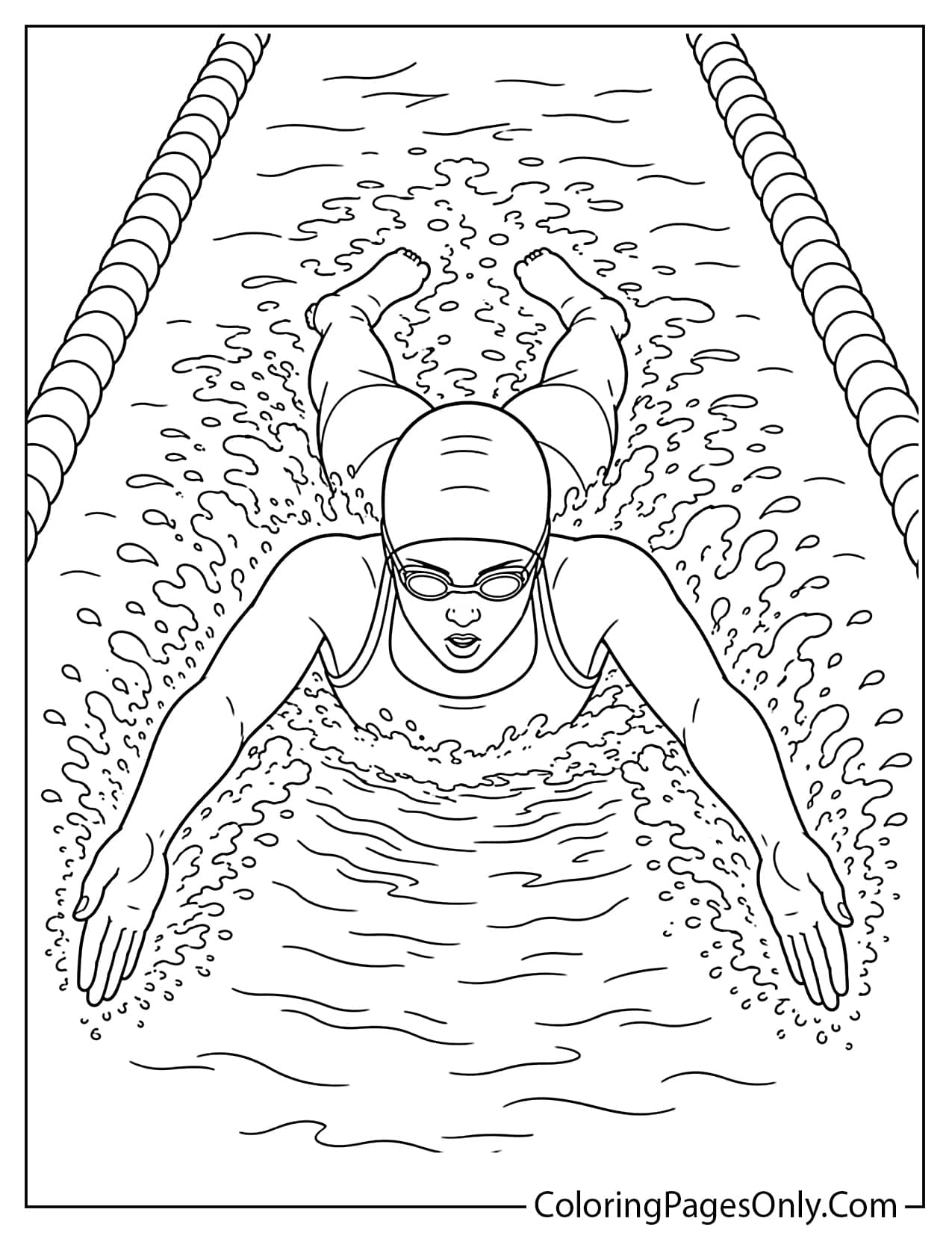Breaststroke swimming coloring page with swimmer using frog kick and wide arm motion from Swimming