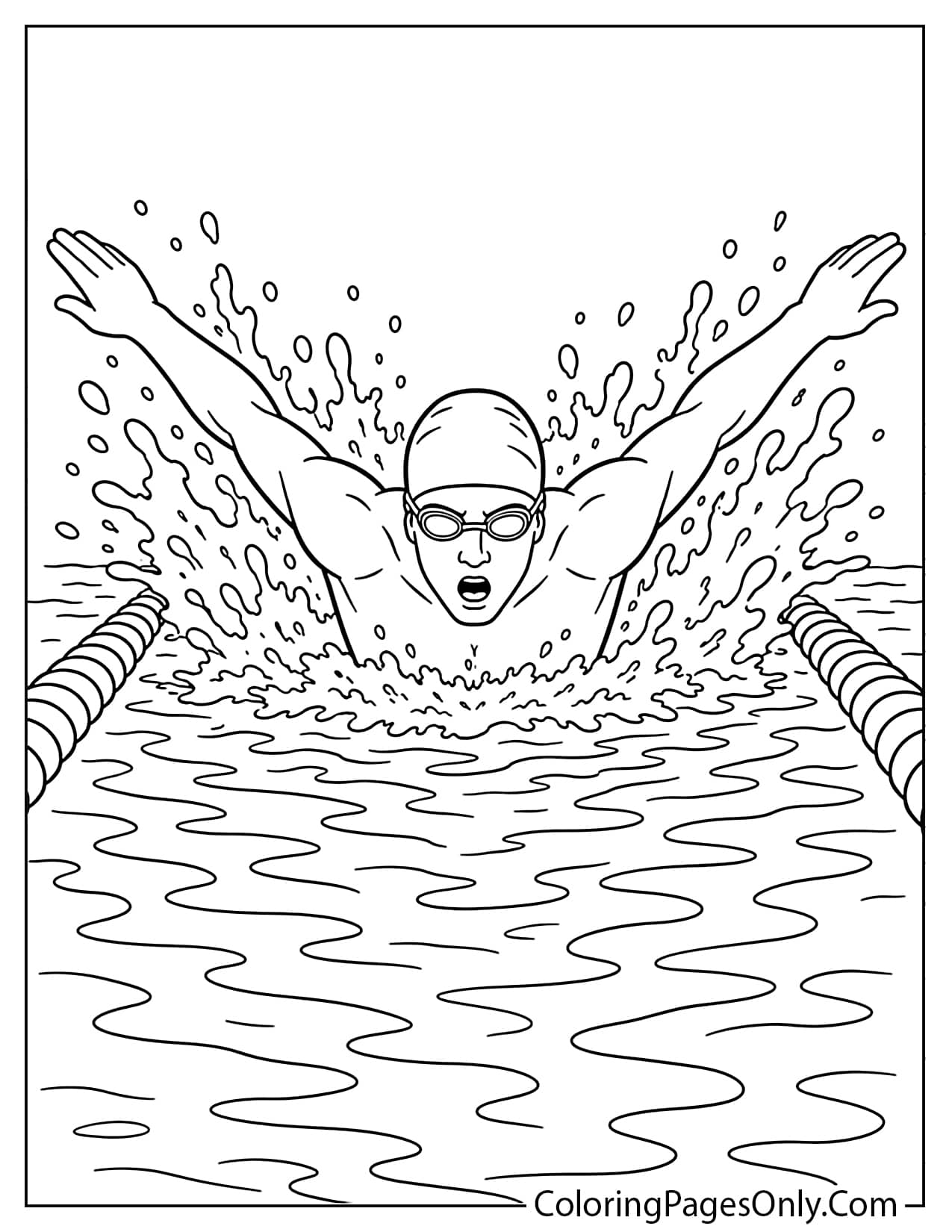 Butterfly stroke swimming coloring page with swimmer lifting both arms above water from Swimming