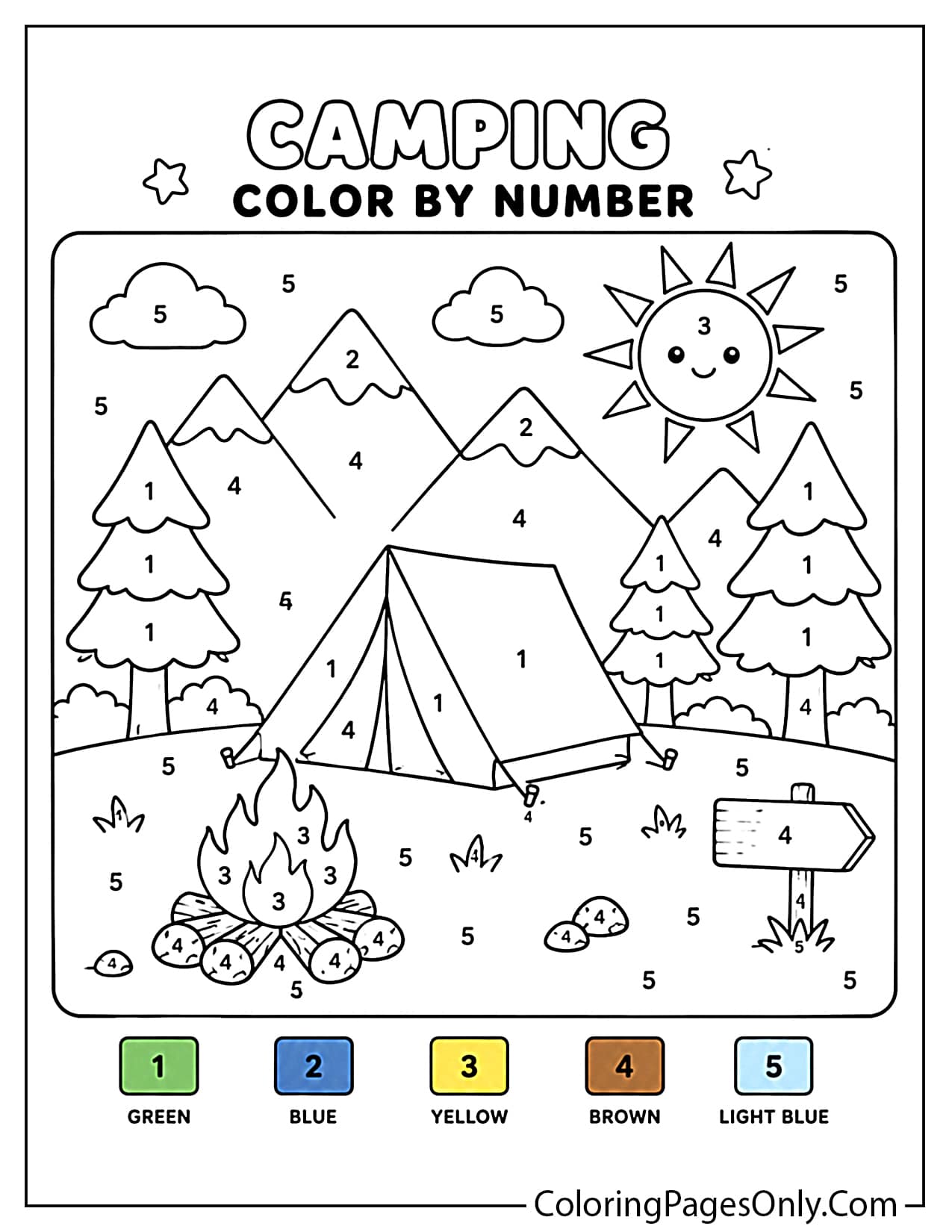 Camping color by number worksheet with tent, campfire, pine trees, and mountains for kids from Camping