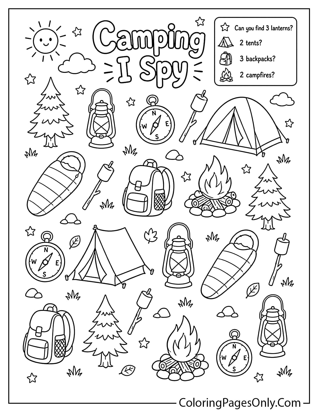 Camping I Spy coloring page with tent, lantern, campfire, backpack, and outdoor items for kids from Camping