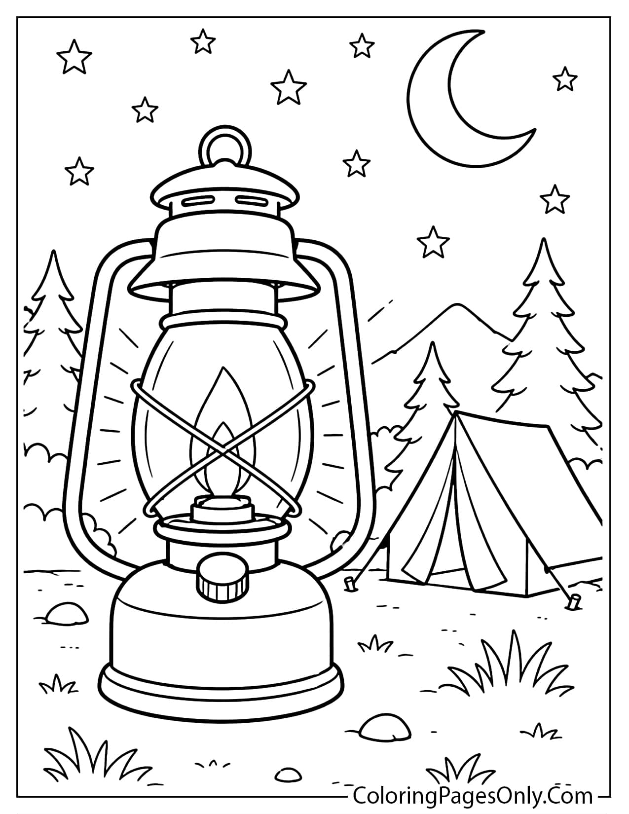 Camping lantern coloring page with glowing lantern, tent, and forest background from Camping