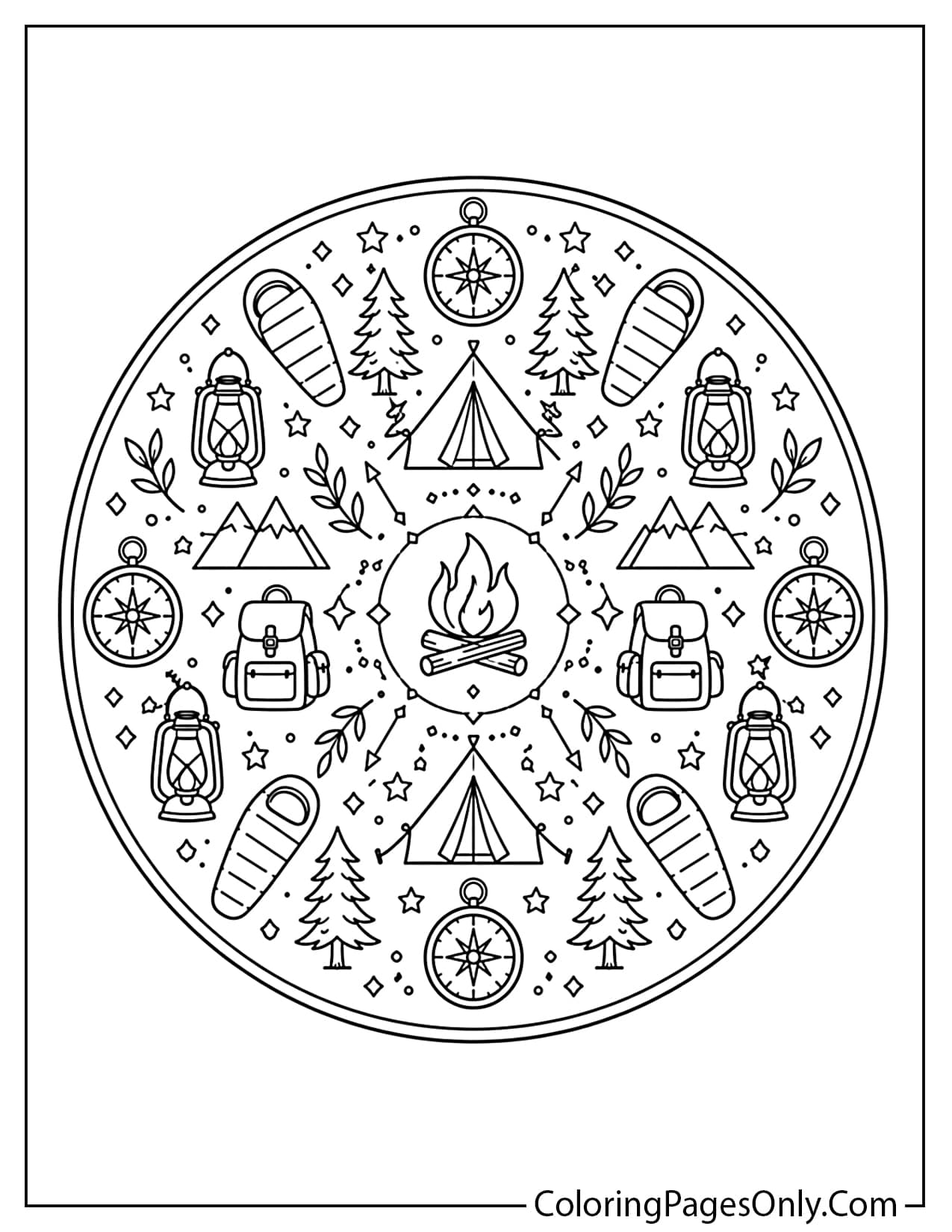 Camping mandala coloring page with tent, campfire, pine trees, backpack, and compass pattern from Camping