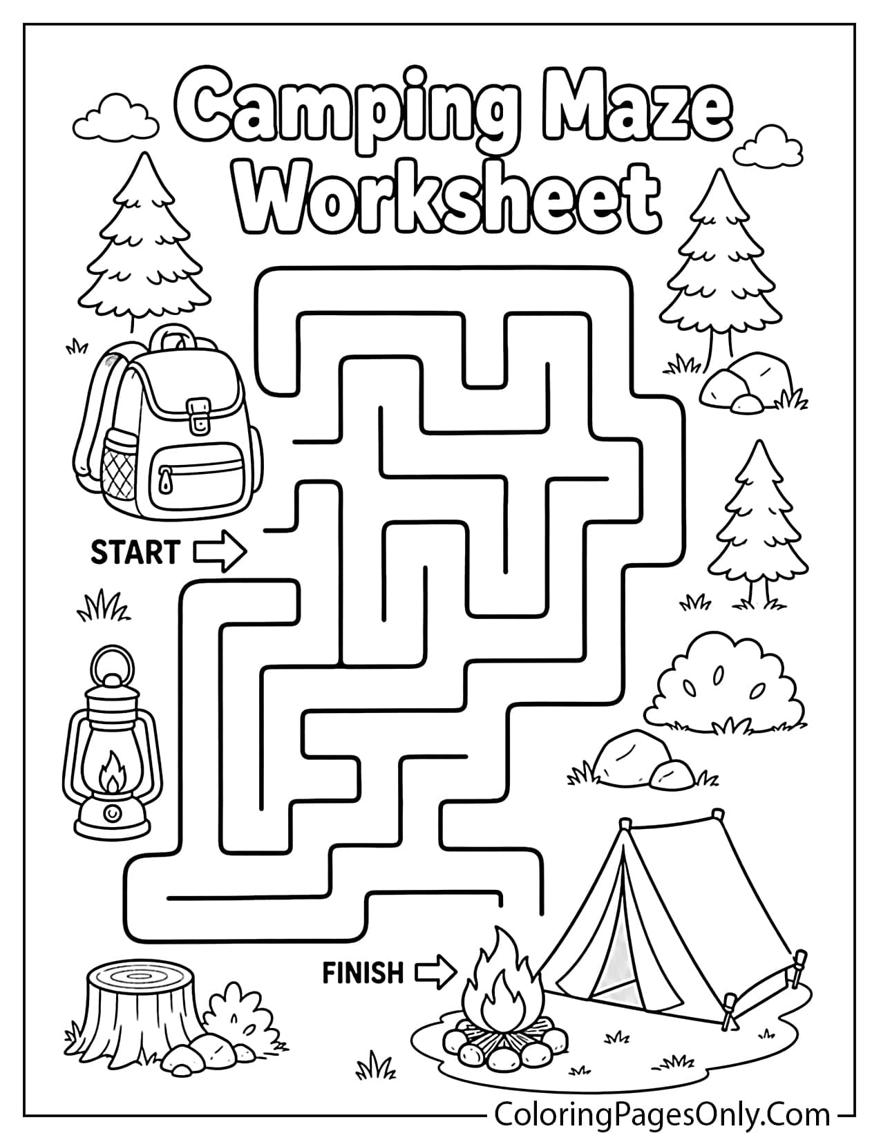 Camping maze worksheet with kids finding the way to a tent campsite coloring activity from Camping