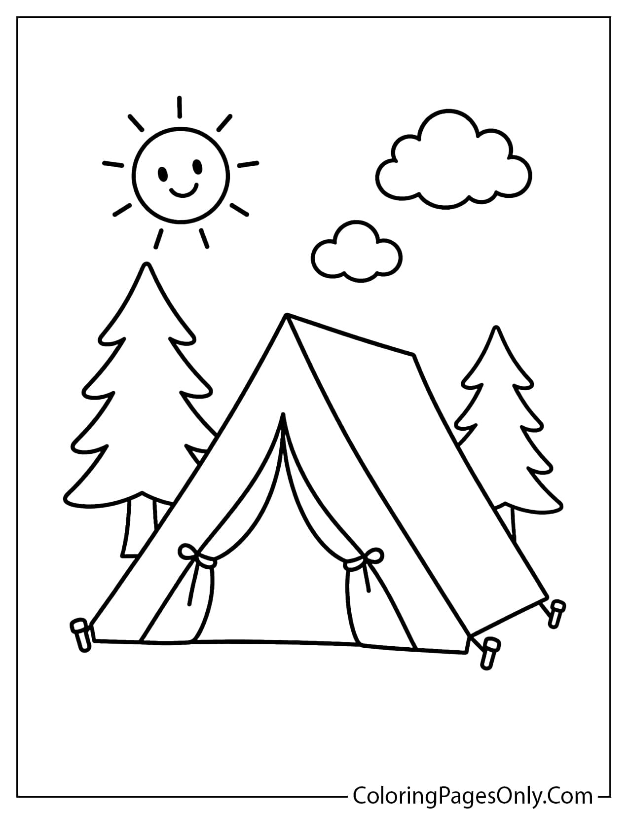 Easy camping tent coloring page for toddlers with simple outline and pine trees from Camping