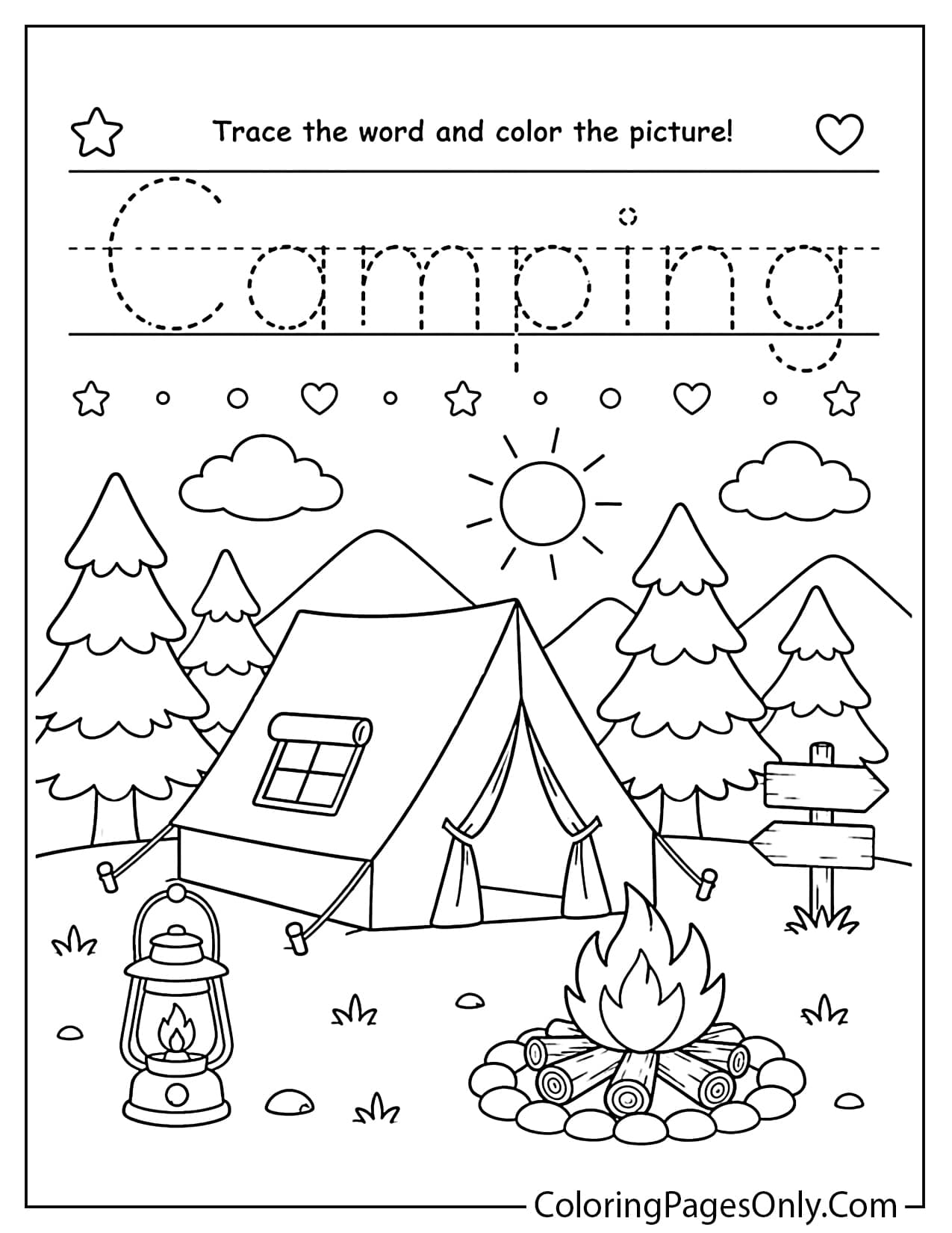Camping trace and color worksheet with dotted word tracing and easy campsite scene for kids from Camping