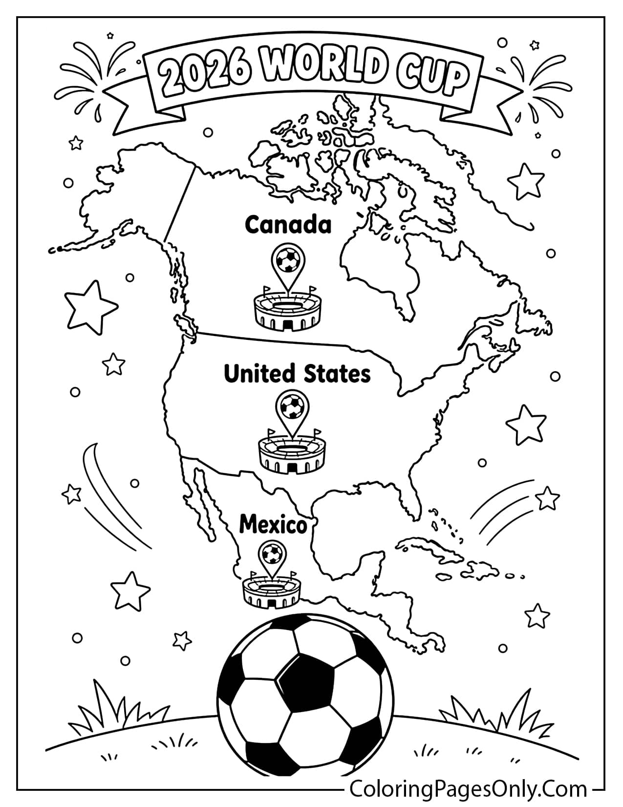 Canada Mexico USA World Cup map coloring page with soccer ball and host markers from World Cup