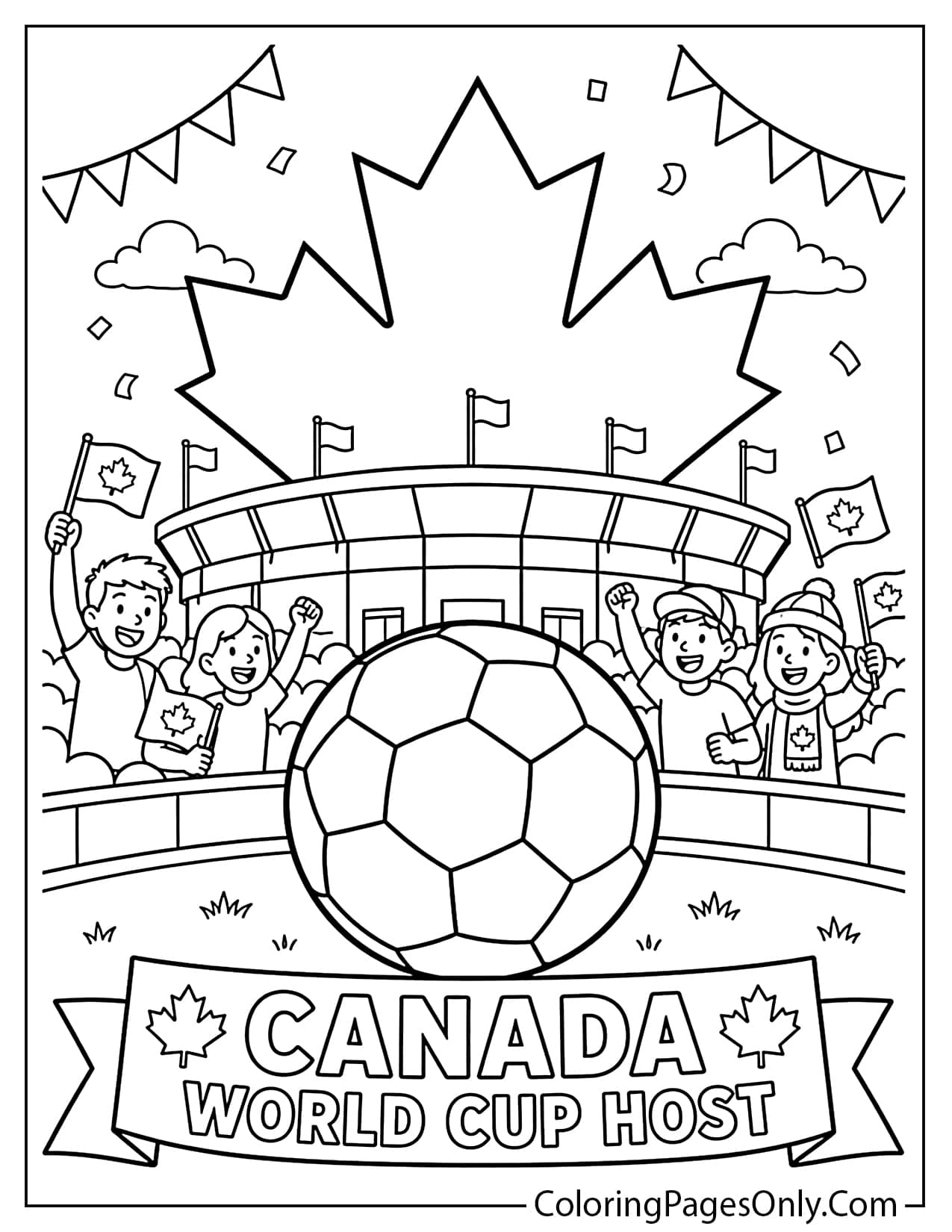 Canada World Cup host coloring page with soccer ball, maple leaf, and stadium from World Cup