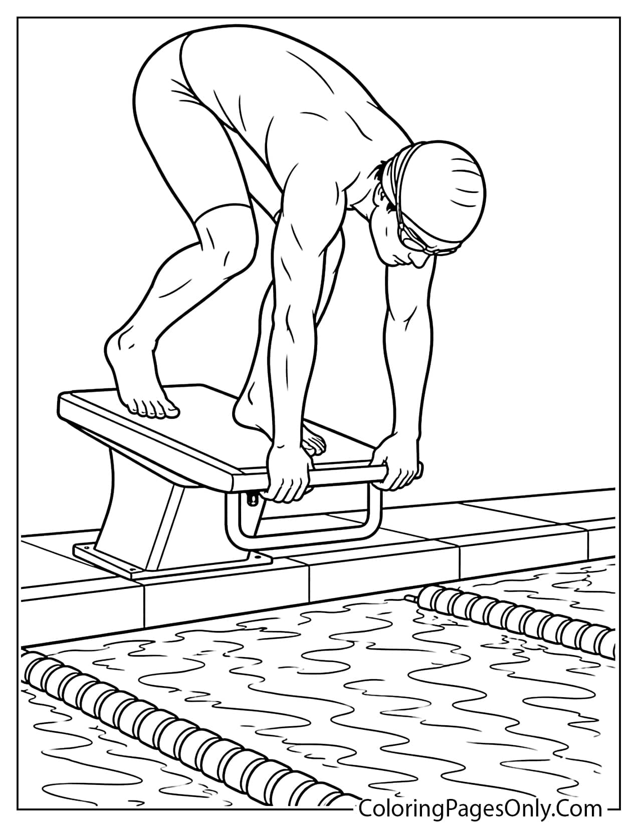 Diving start swimming coloring page with swimmer ready on a starting block from Swimming