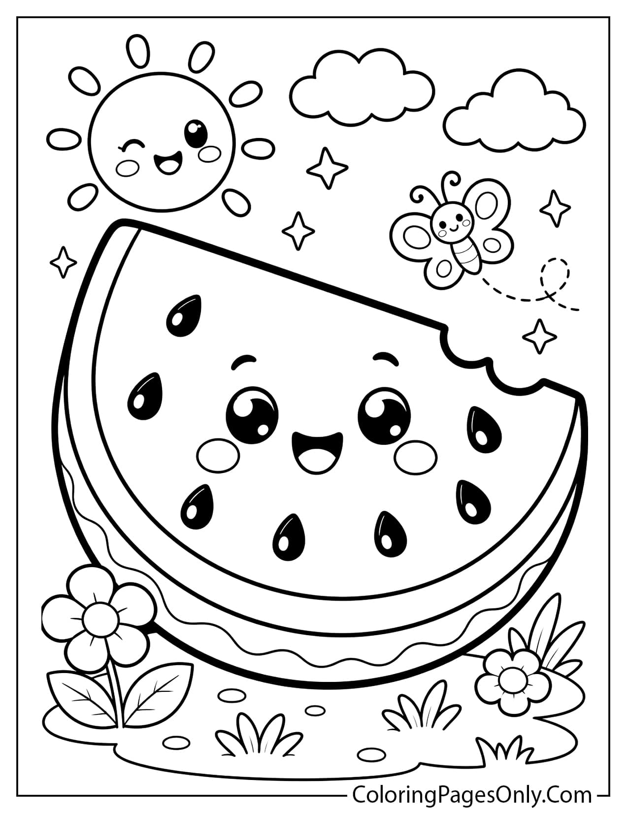 Easy watermelon coloring page for toddlers with big simple slice outline from Watermelon