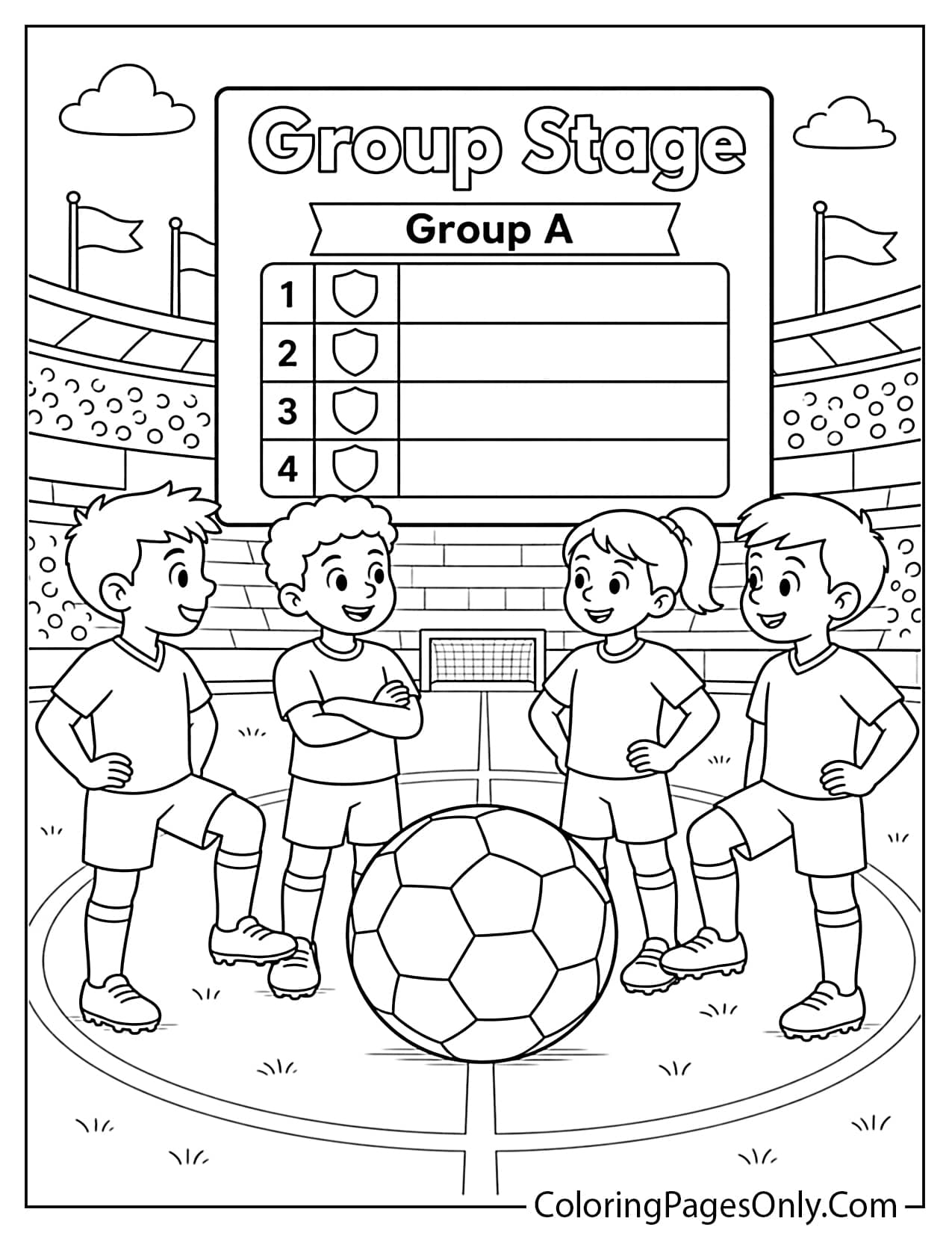 World Cup group stage coloring page with four teams and soccer ball from World Cup