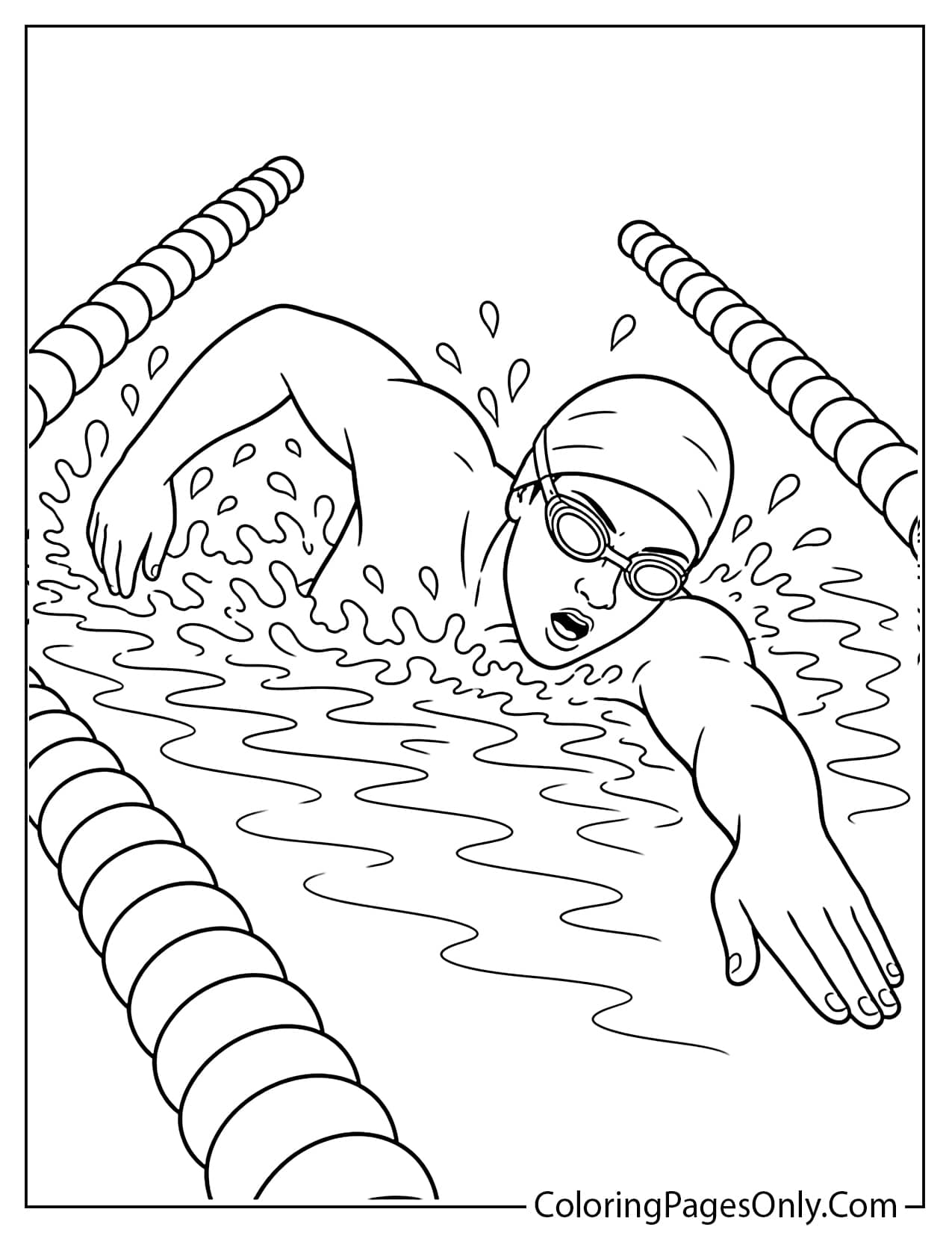 Freestyle swimming coloring page with swimmer racing in a pool lane from Swimming