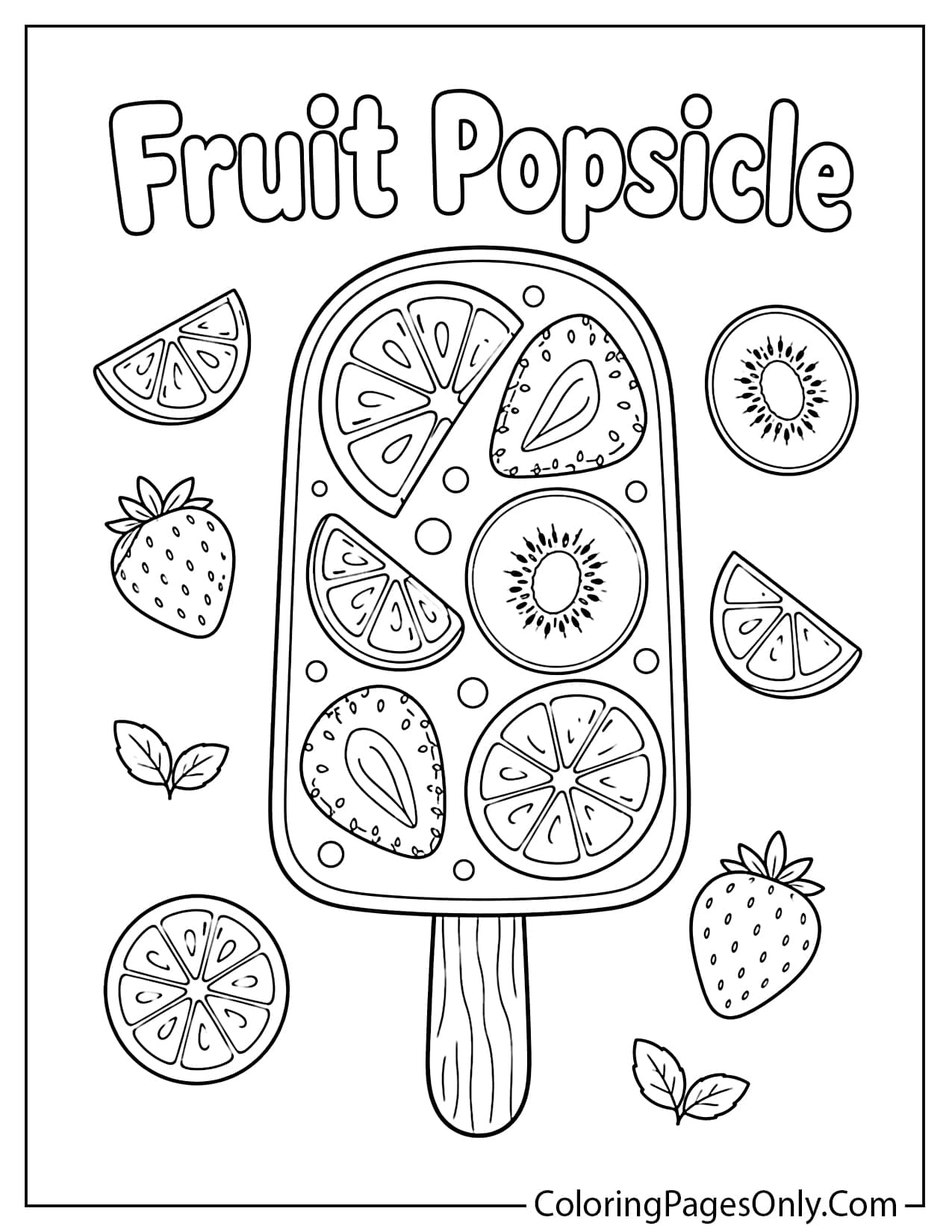 Fruit popsicle coloring page with fresh fruit slices and ice pop treat from Popsicle