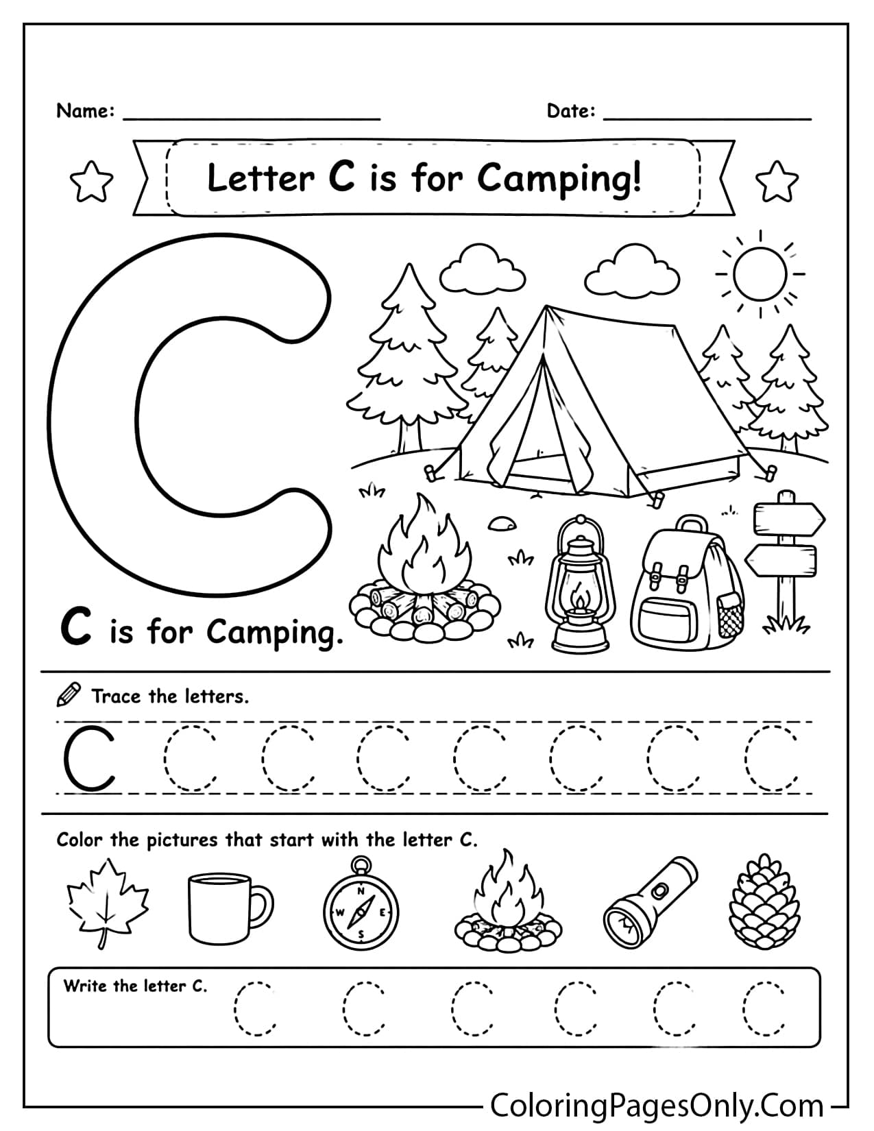 Letter C camping worksheet with uppercase C, tent, campfire, and forest items for preschool kids from Camping