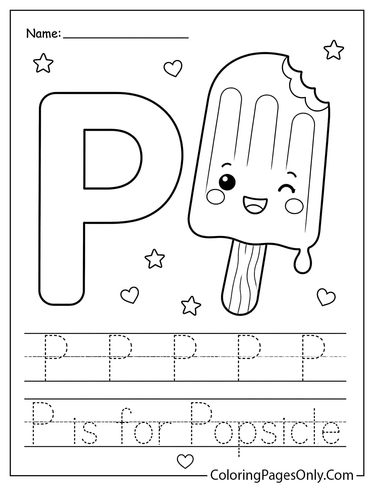 Letter P popsicle worksheet with uppercase P and cute ice pop from Popsicle