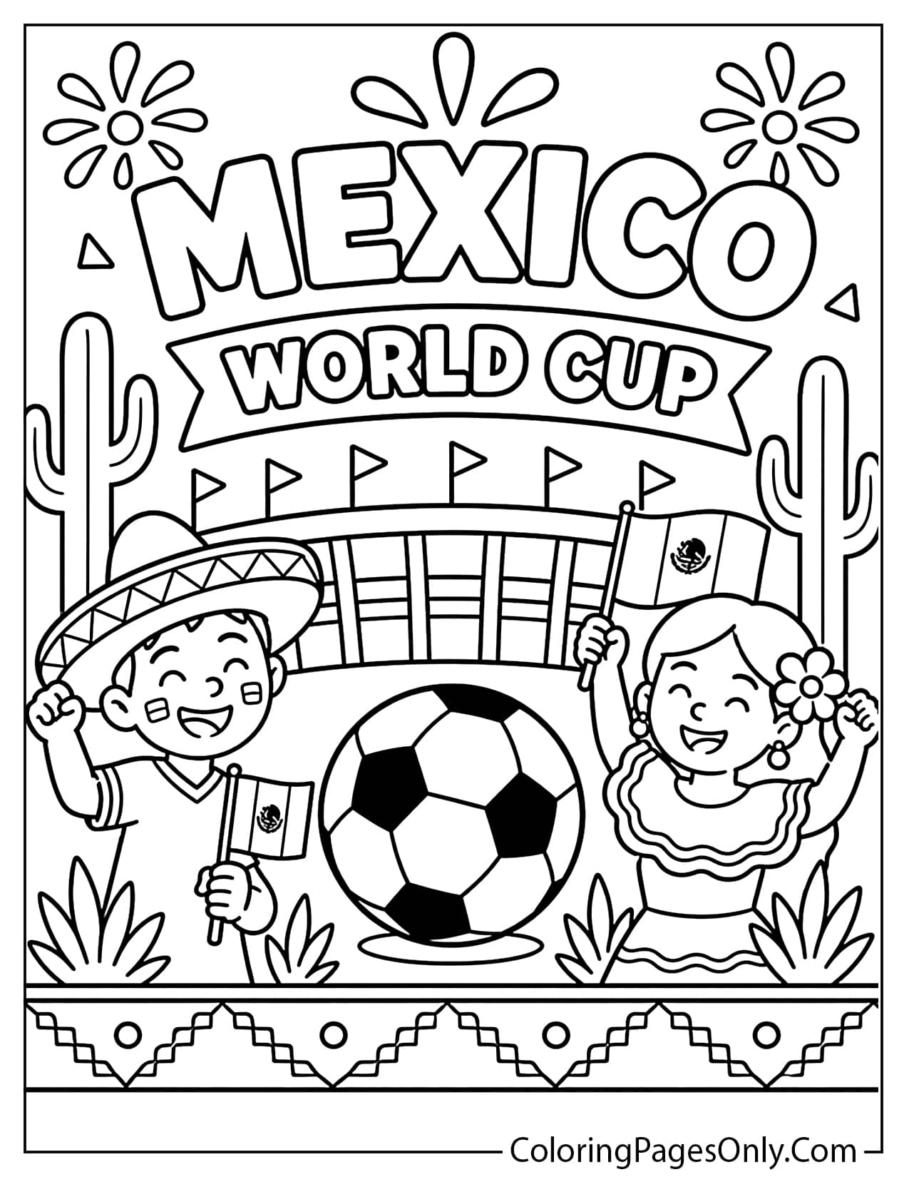 Mexico World Cup host coloring page with soccer ball, festive patterns, and stadium from World Cup