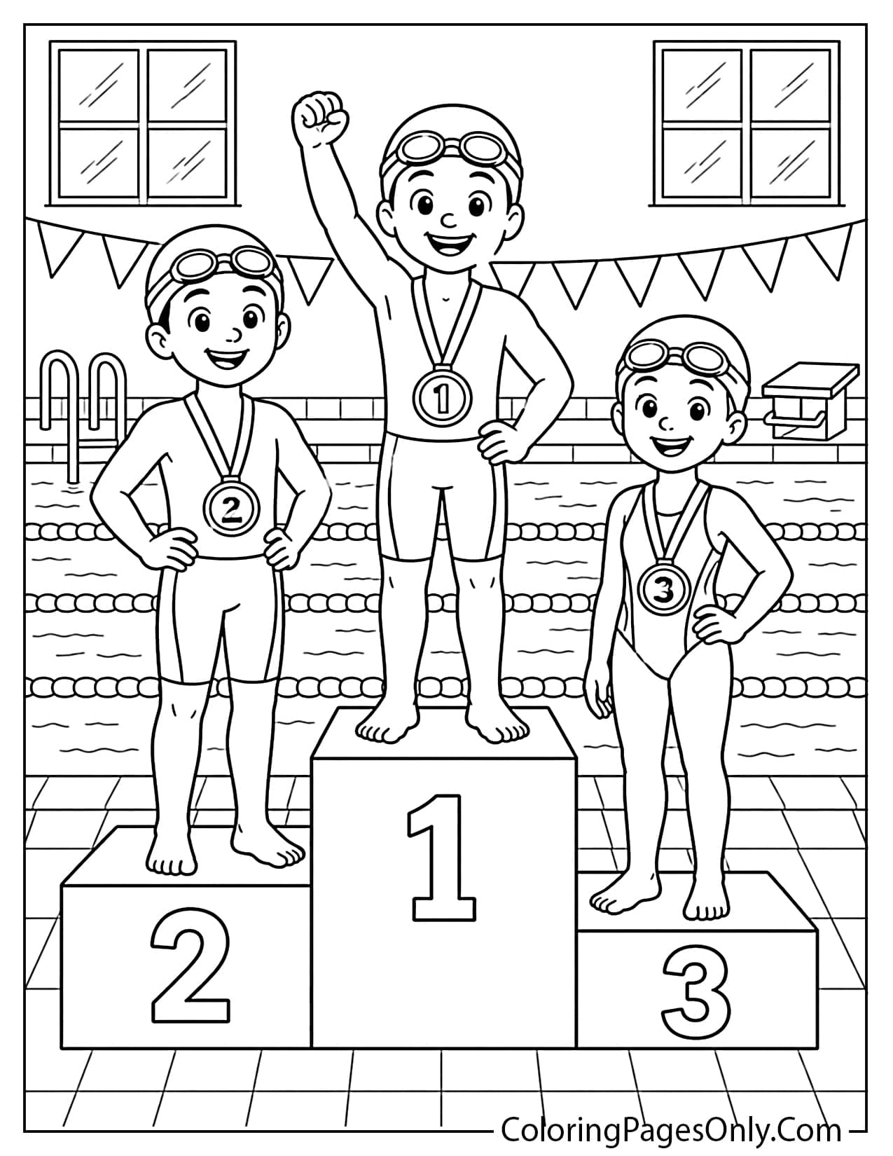 Olympic swimming podium coloring page with three medal winners and pool background from Swimming