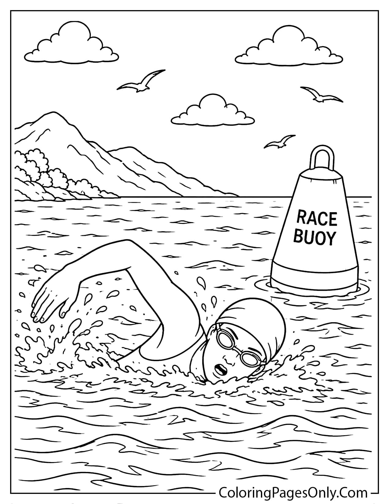 Open water swimming coloring page with swimmer in the sea and race buoy from Swimming