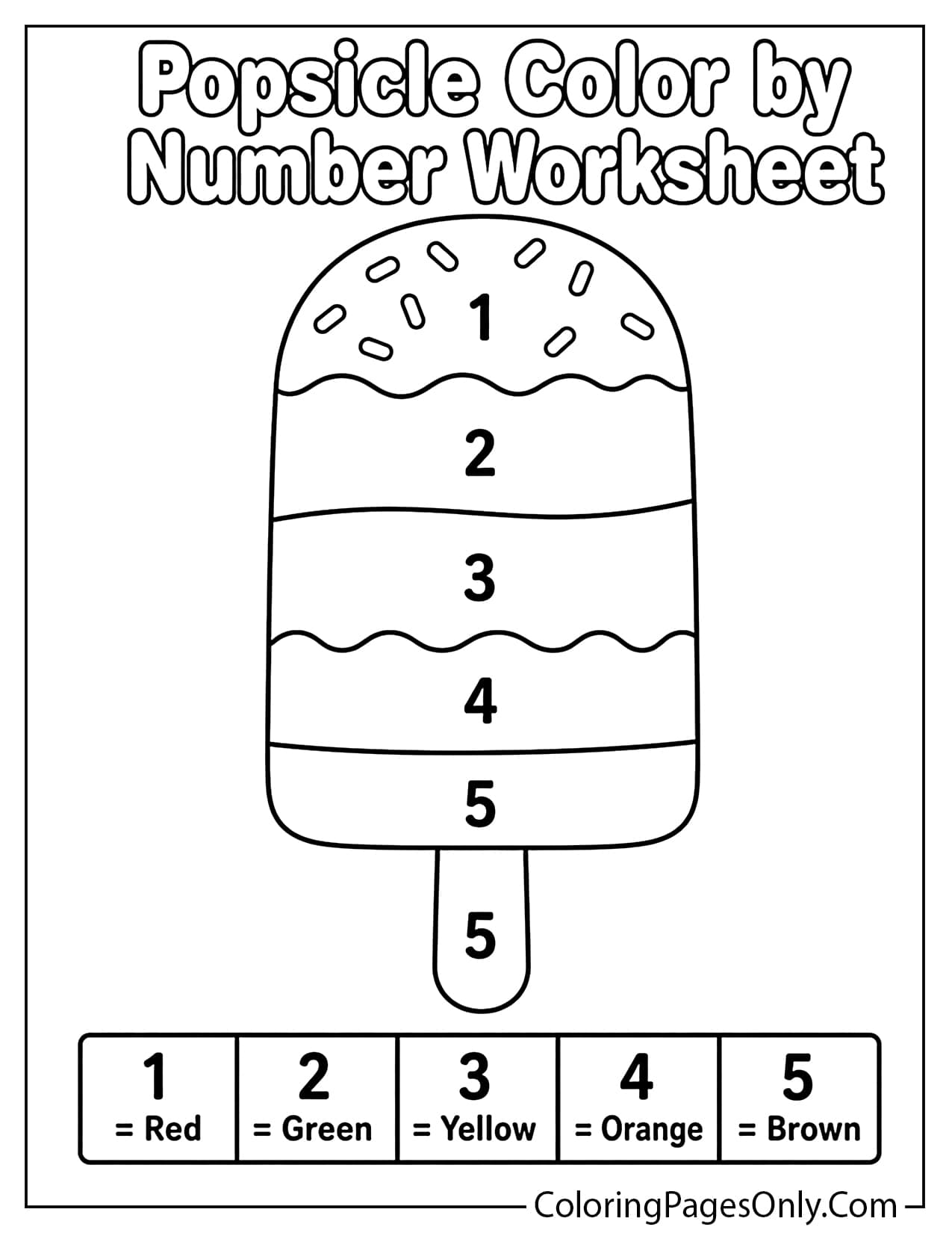 Popsicle color by number worksheet with numbered ice pop sections for kids from Popsicle