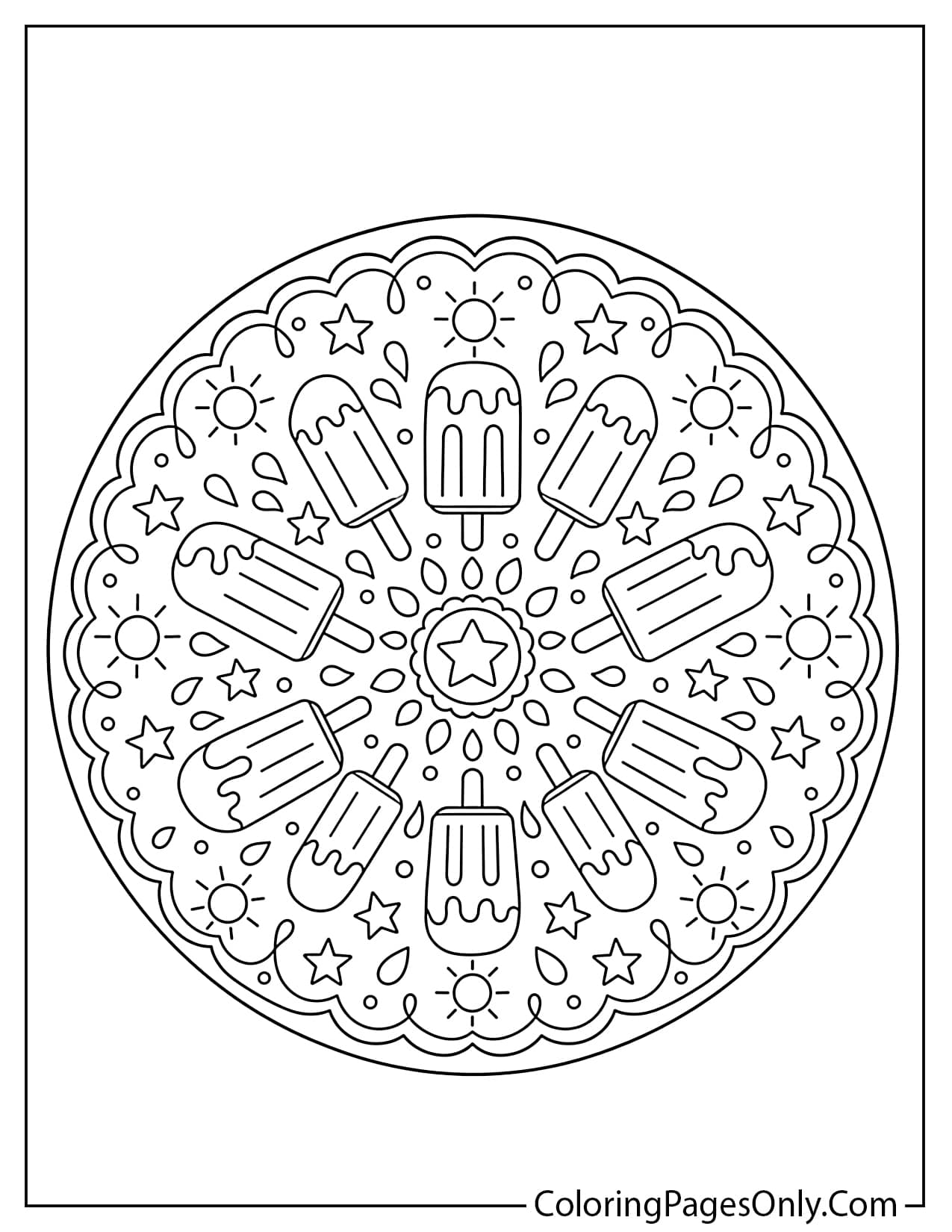 Popsicle mandala coloring page with repeated ice pops and summer patterns from Popsicle