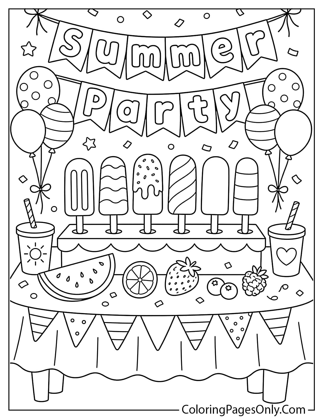 Popsicle summer party coloring page with banner balloons and ice pops from Popsicle