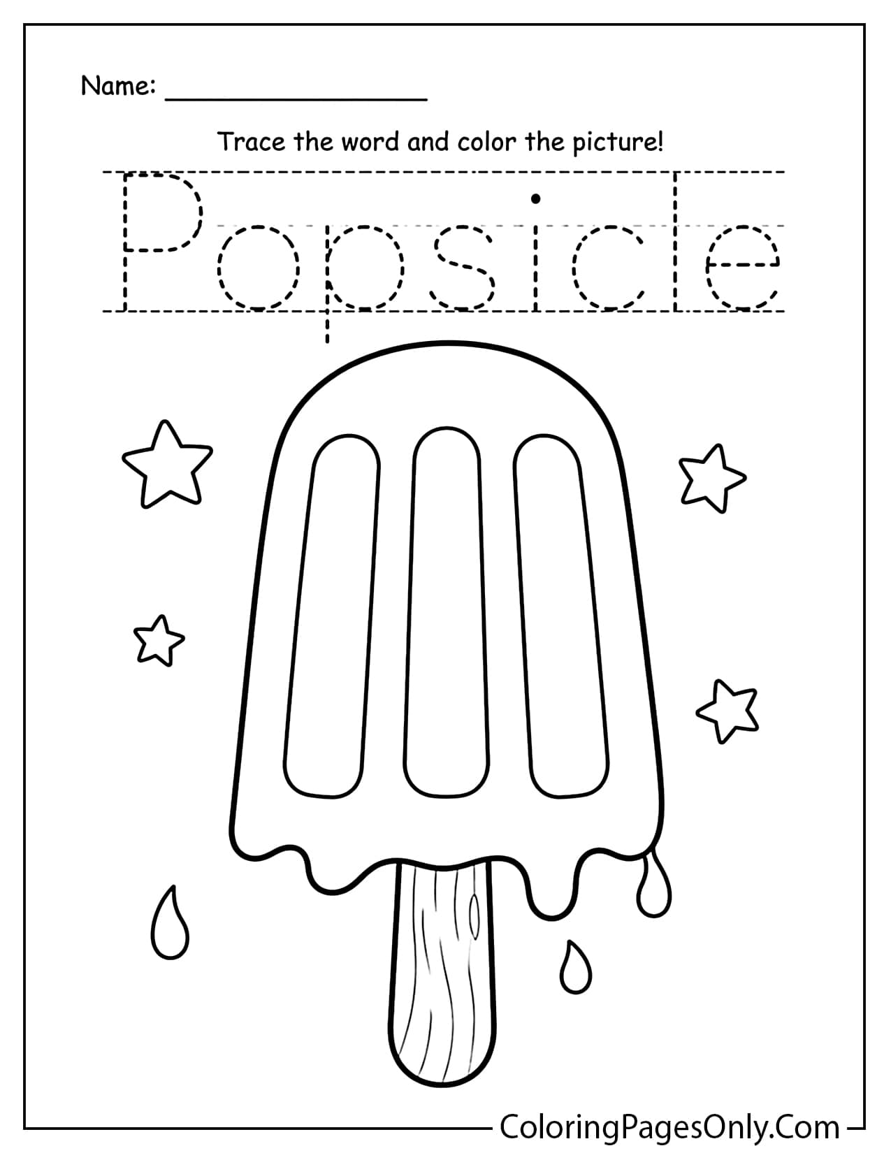 Popsicle trace and color worksheet with word tracing and simple ice pop outline from Popsicle
