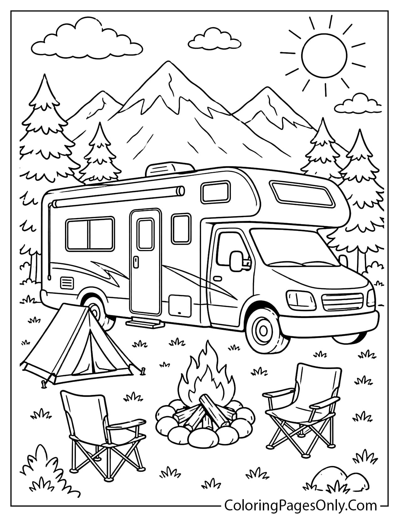 RV camping coloring page with camper van, tent, campfire, and outdoor family campsite from Camping