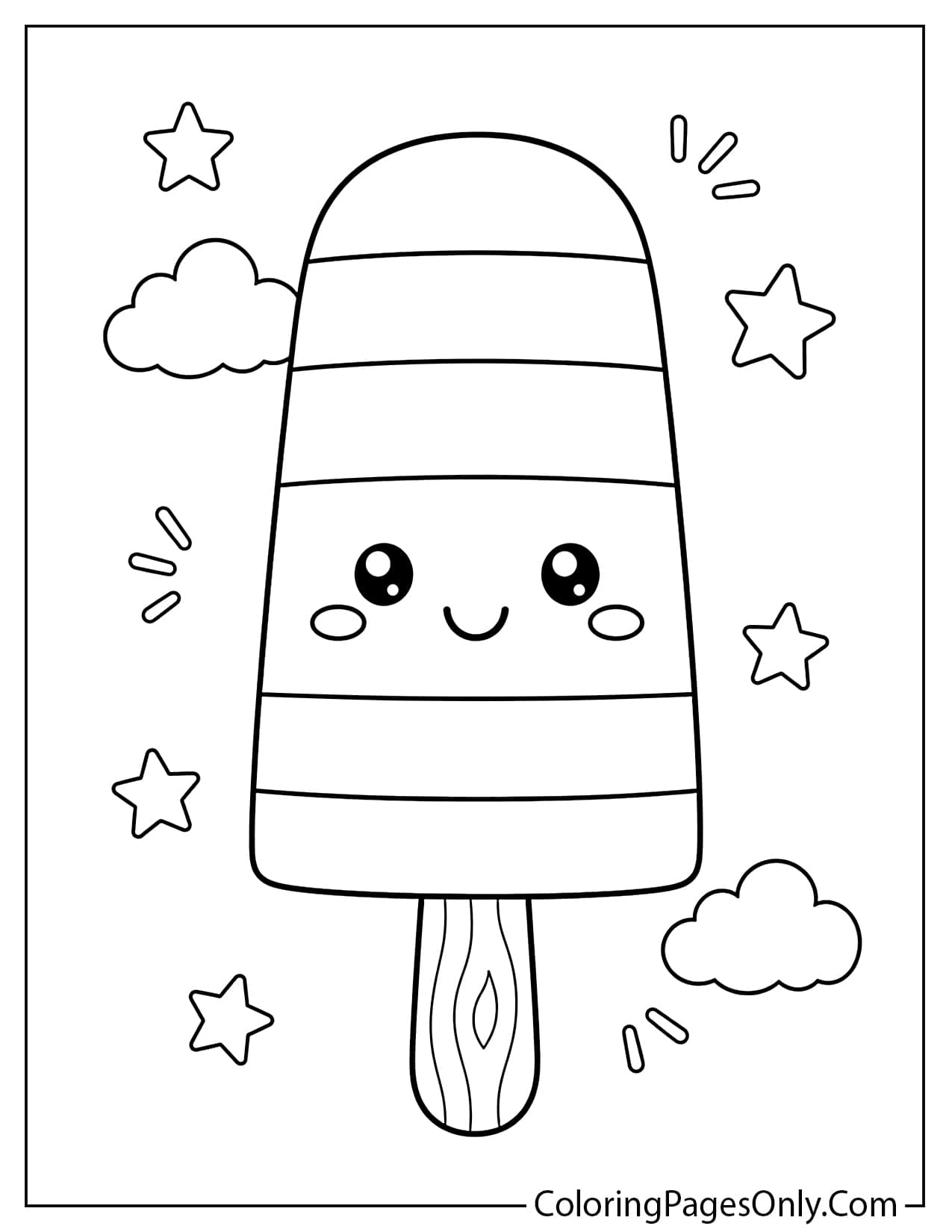 Rainbow popsicle coloring page with layered ice pop and summer stars from Popsicle