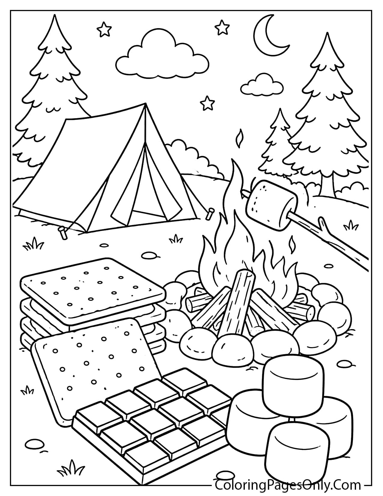 S’mores camping coloring page with marshmallows, chocolate, crackers, and campfire scene from Camping