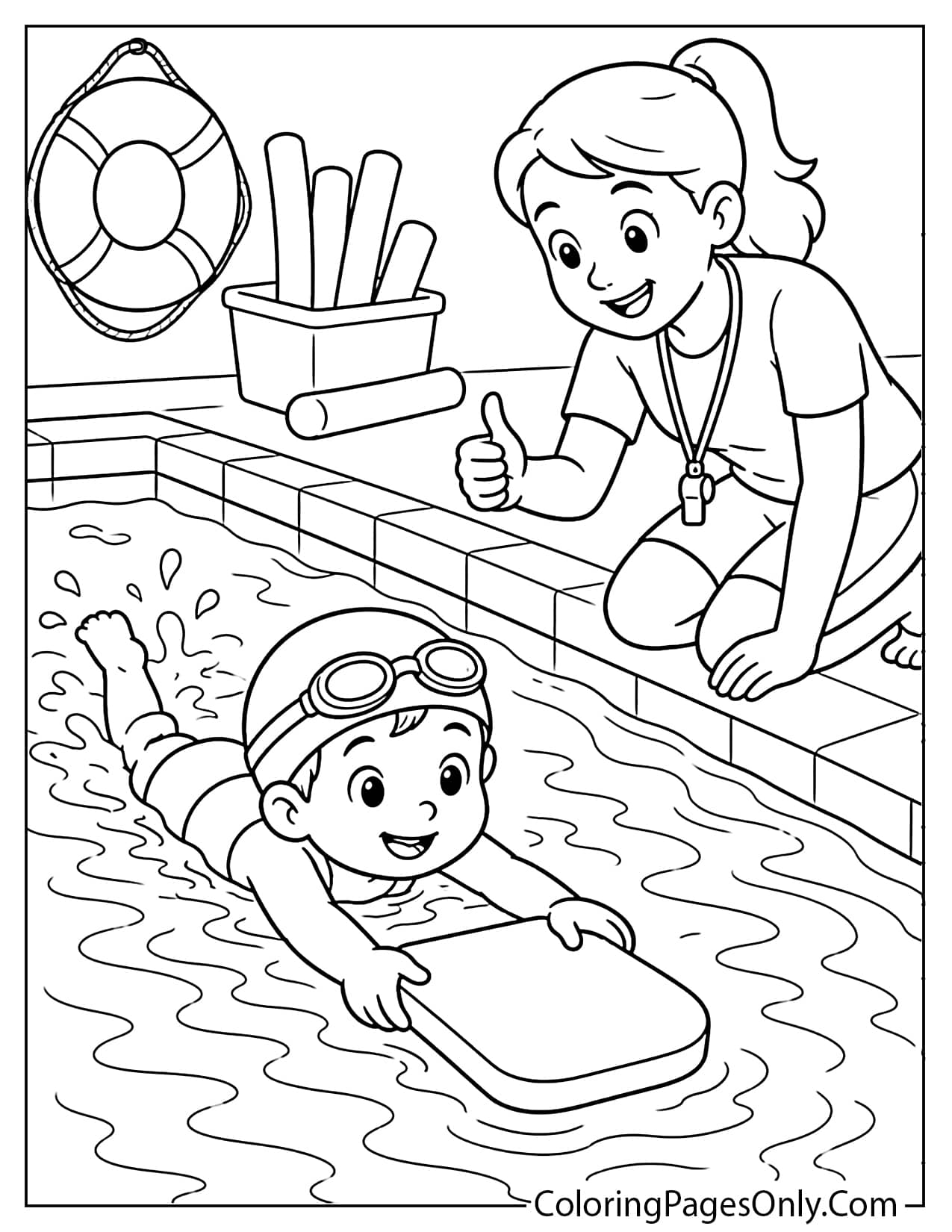 Swim lesson coloring page with child using a kickboard in a pool from Swimming