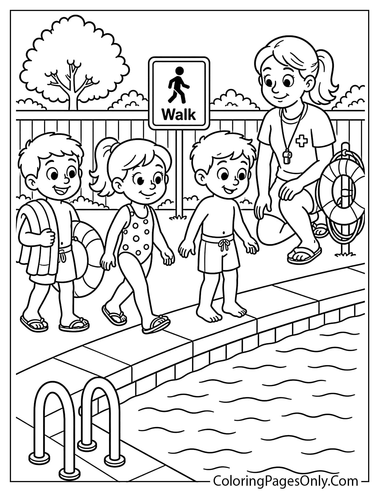 Swimming pool safety coloring page with children near a pool and adult supervision from Swimming