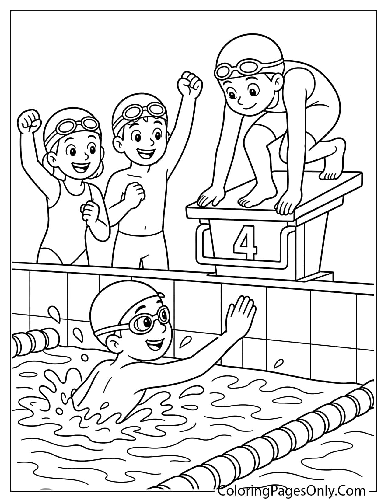 Swimming relay team coloring page with swimmers racing and teammates cheering from Swimming