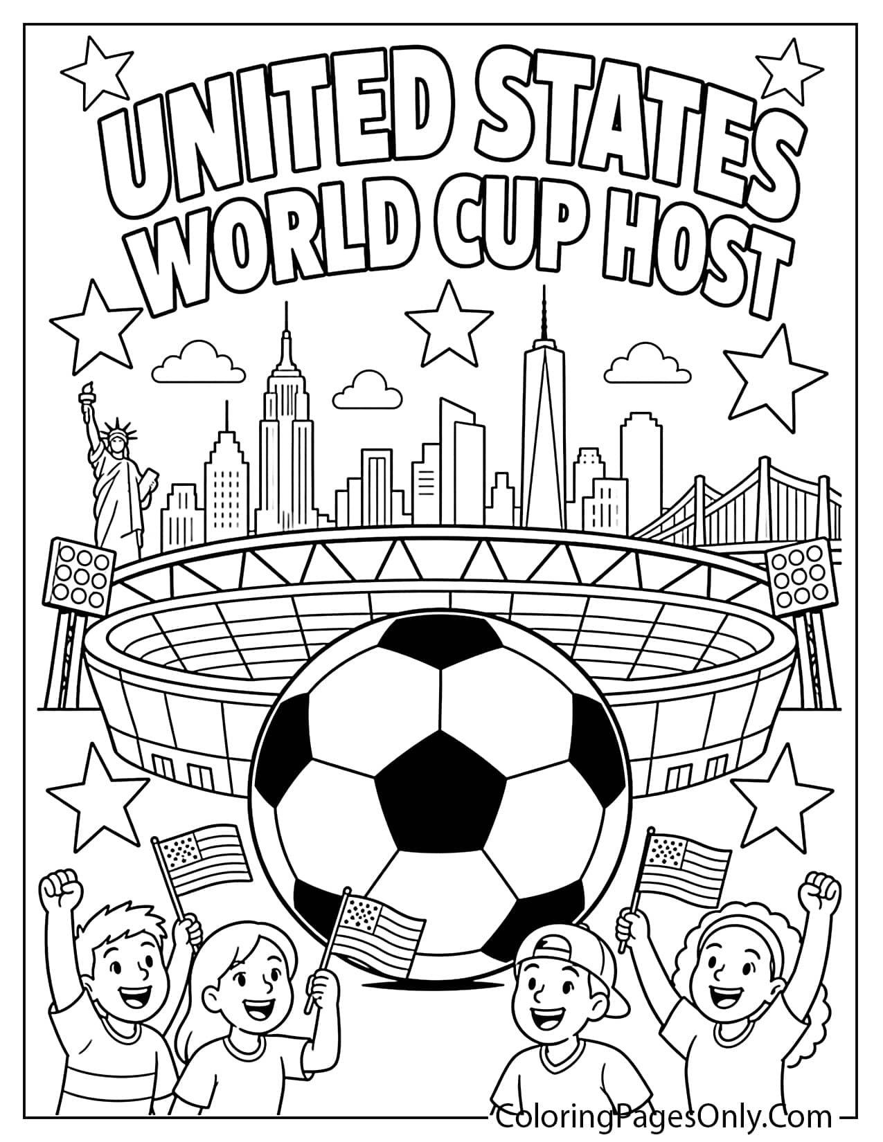 United States World Cup host coloring page with soccer ball, stars, and stadium from World Cup