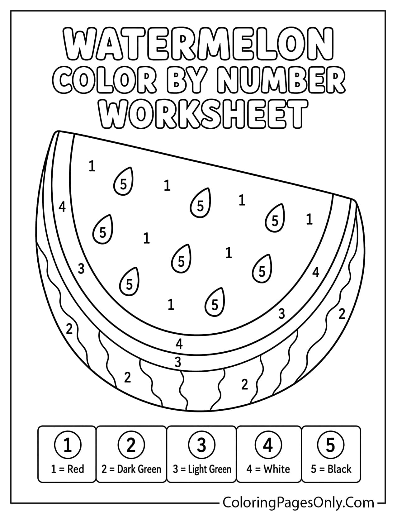 Watermelon color by number worksheet with numbered fruit sections for kids from Watermelon