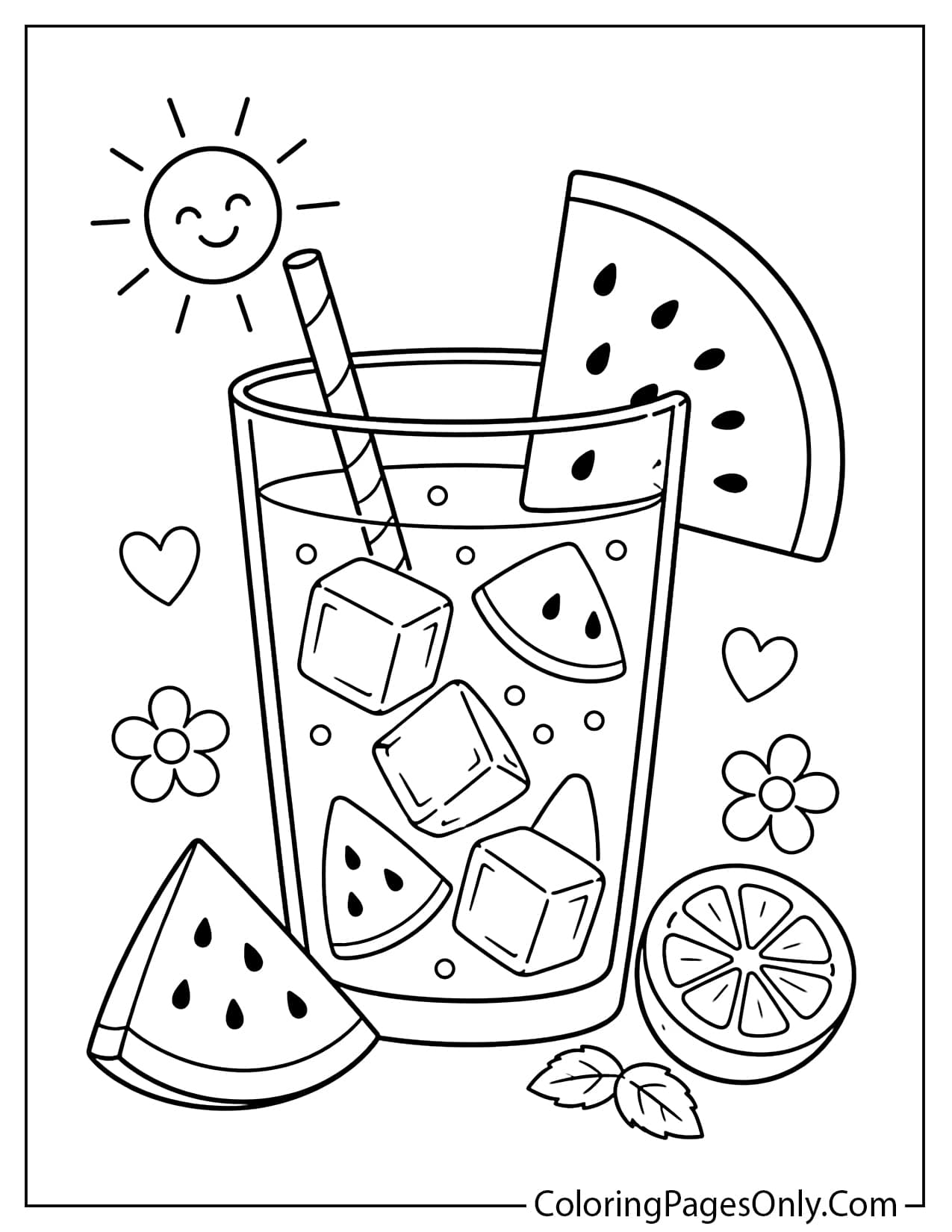 Watermelon lemonade coloring page with glass straw ice and fruit slices from Watermelon