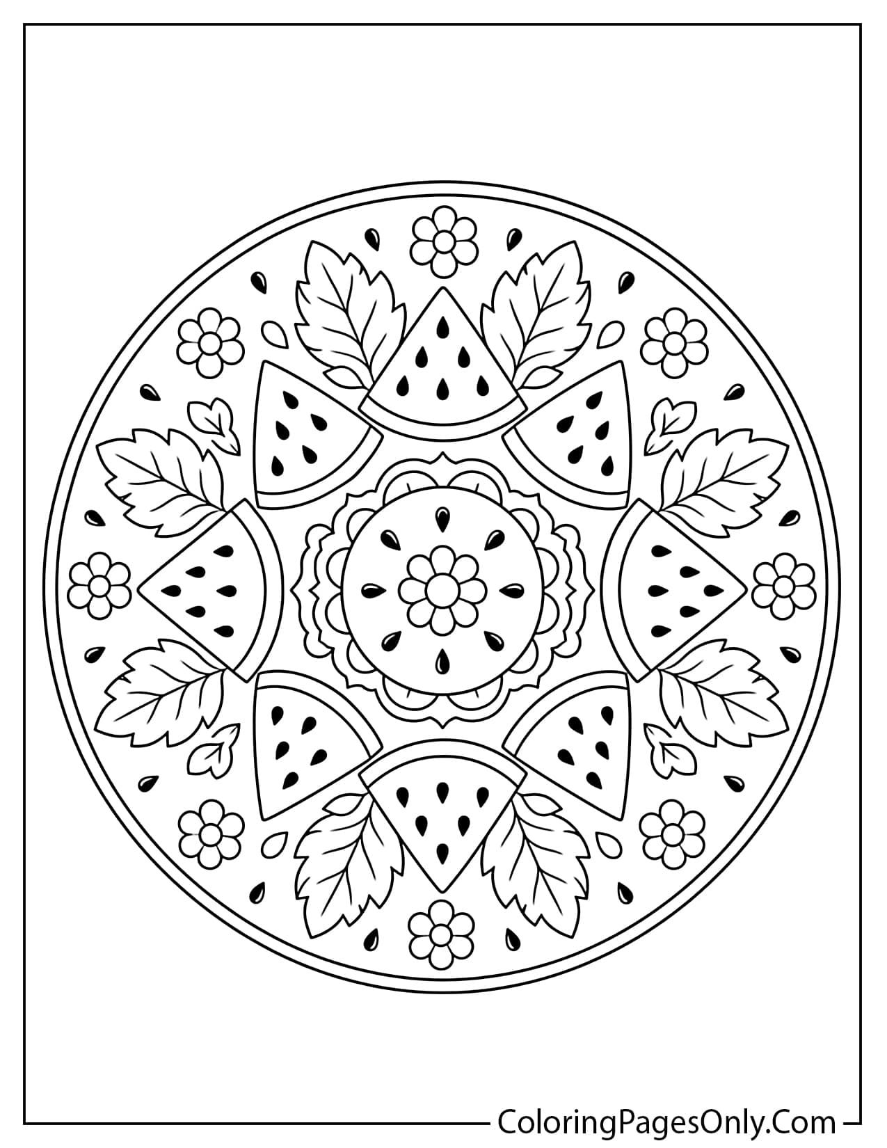 Watermelon mandala coloring page with repeated slices seeds and summer patterns from Watermelon