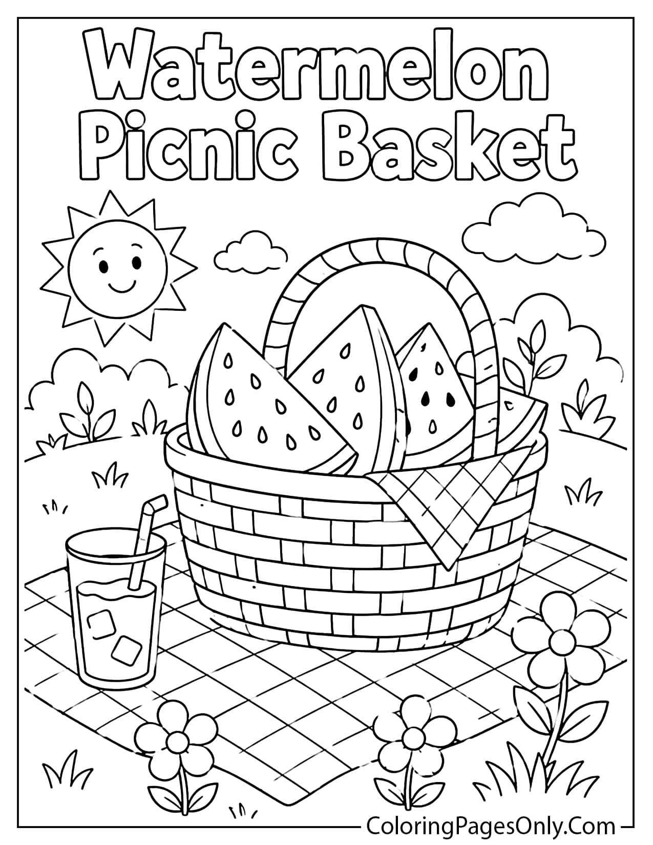 Watermelon picnic basket coloring page with slices blanket and summer snacks from Watermelon