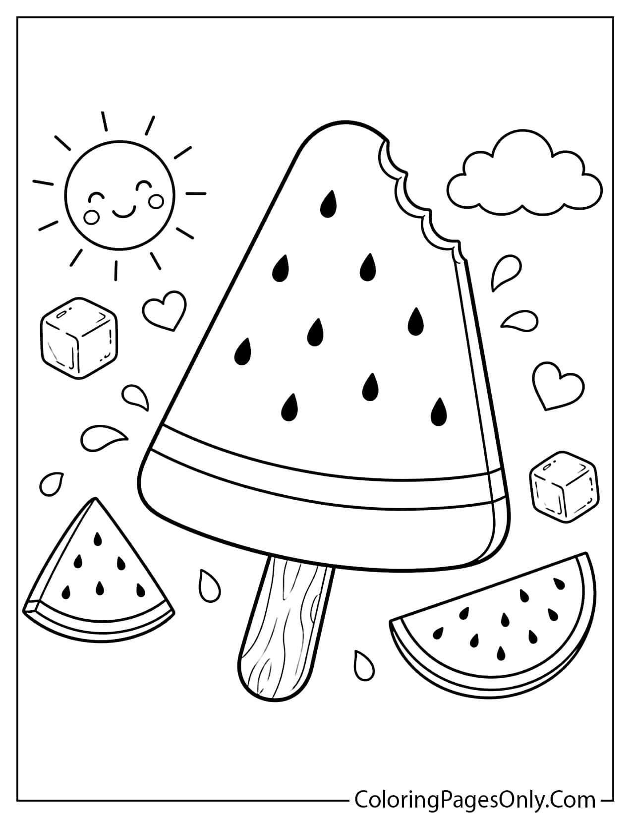 Watermelon popsicle coloring page with cute summer frozen treat from Watermelon