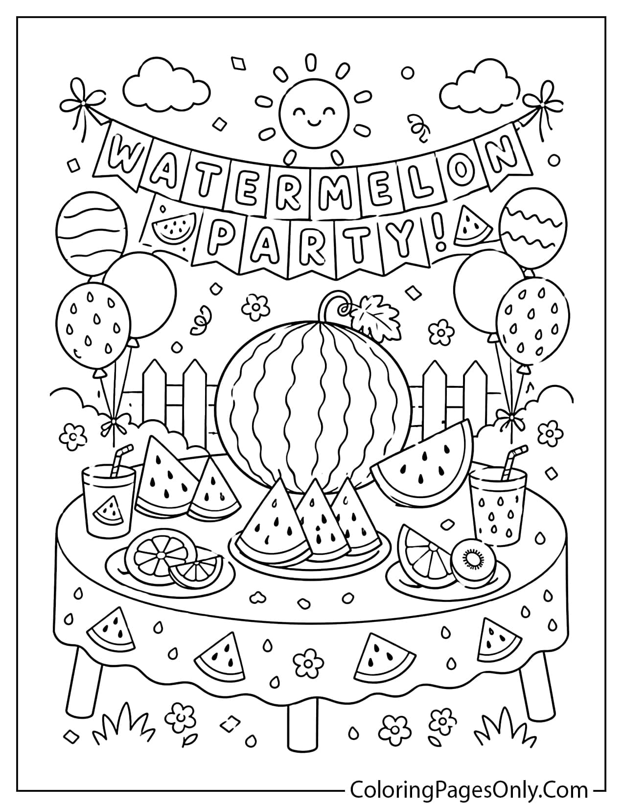 Watermelon summer party coloring page with banner balloons and fruit table from Watermelon
